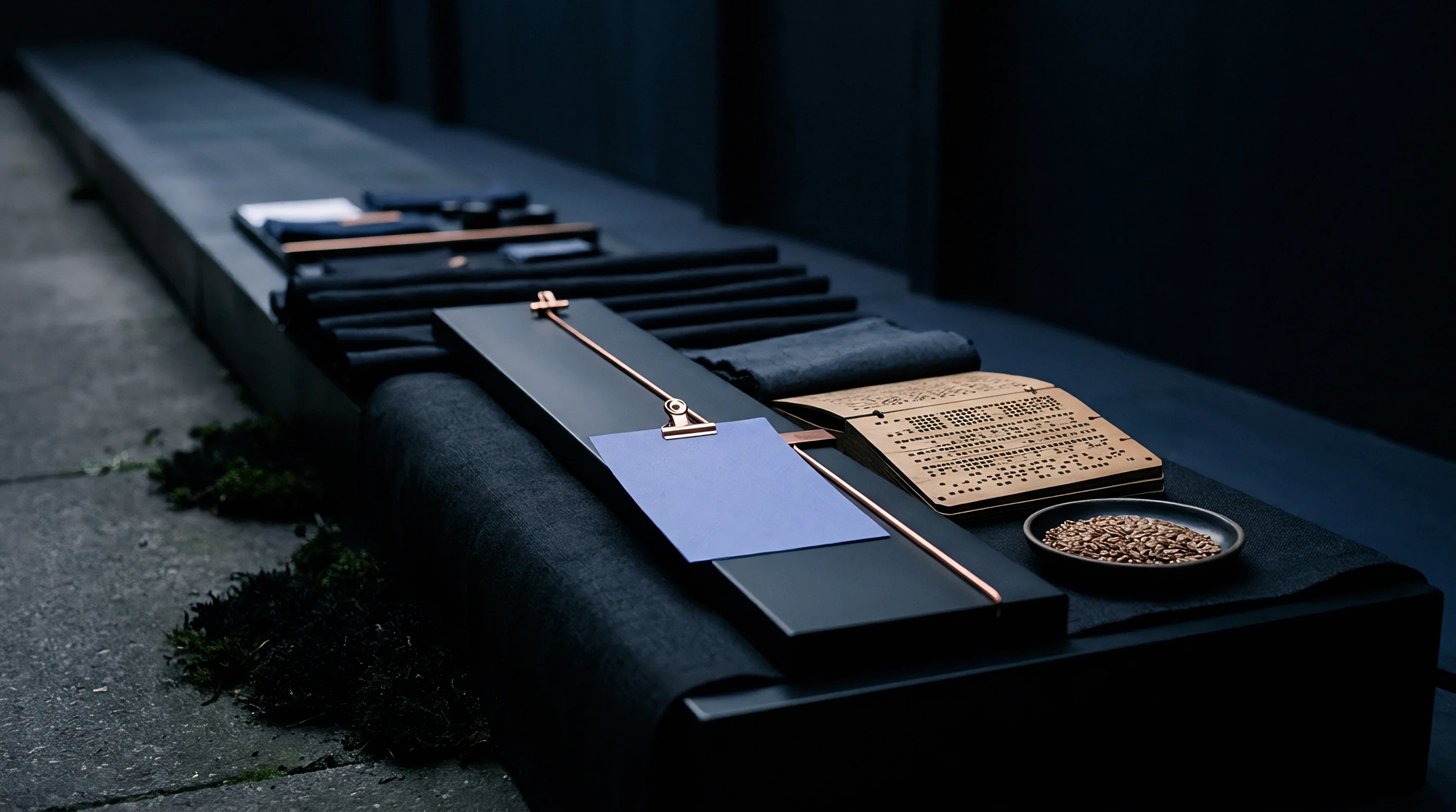 Raw flax seeds rest beside a wooden document with tactile script, dark woven fabric rolls, and a paper tag on a dark display bench.