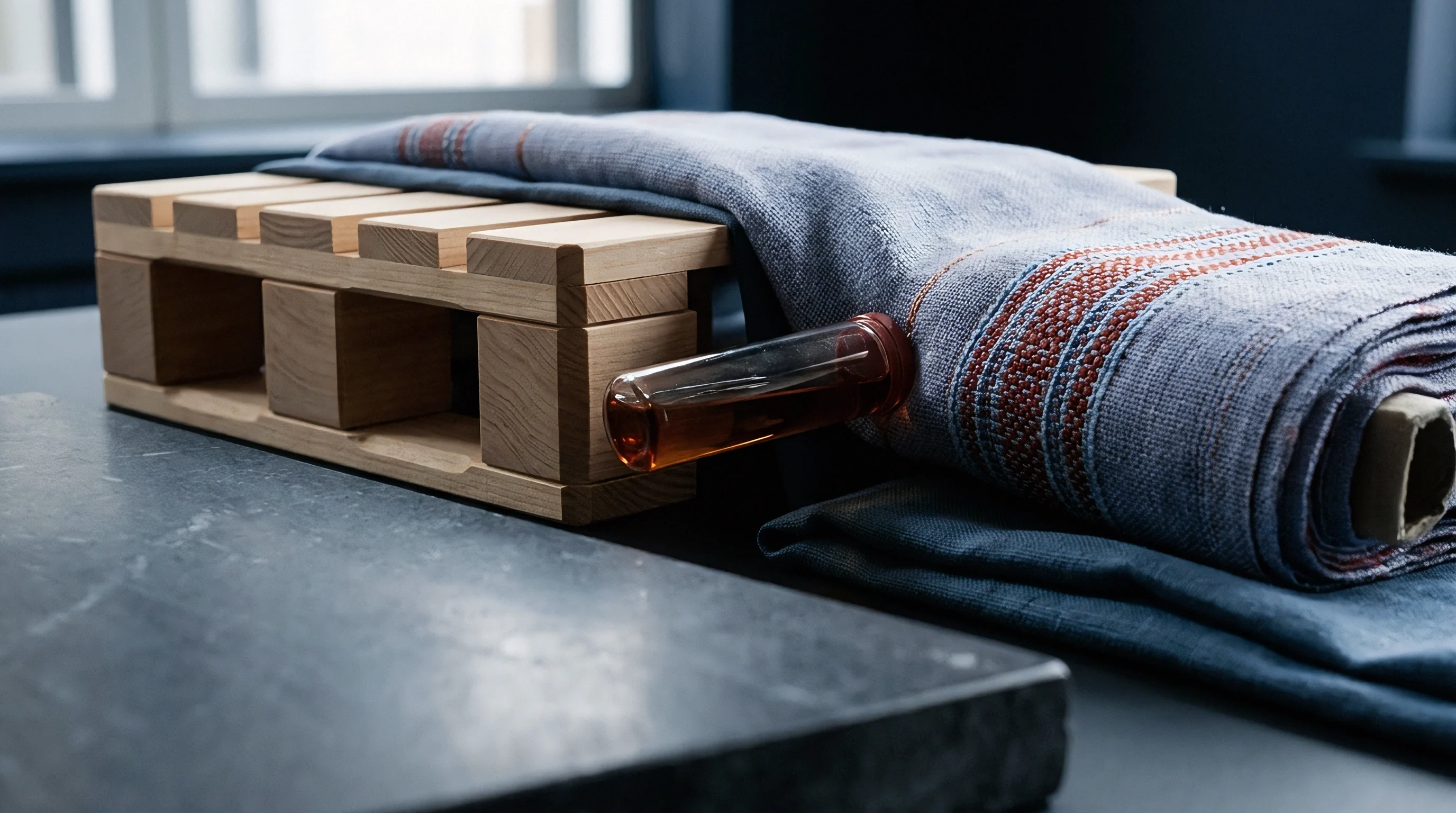 A vial containing amber flaxseed oil rests beside a folded length of blue woven linen textile supported by a small structural wooden framework.