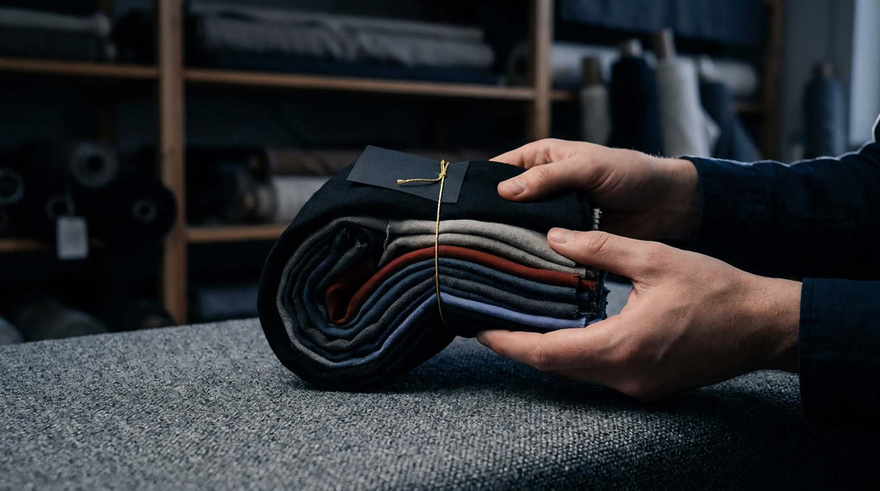 Two hands hold a bundled stack of dark and neutral woven cloth tied with string on a textured workshop bench.