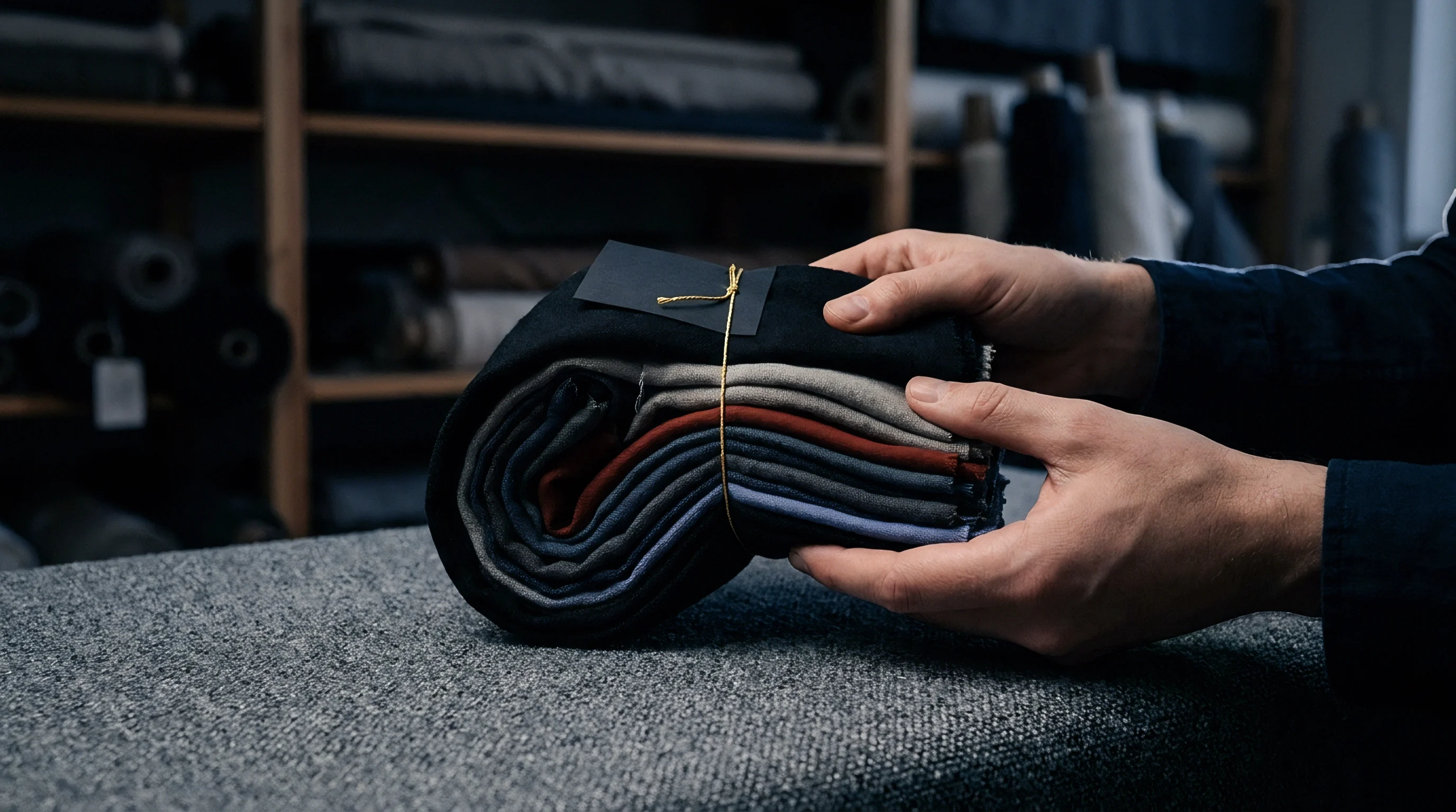 Two hands hold a bundled stack of dark and neutral woven cloth tied with string on a textured workshop bench.