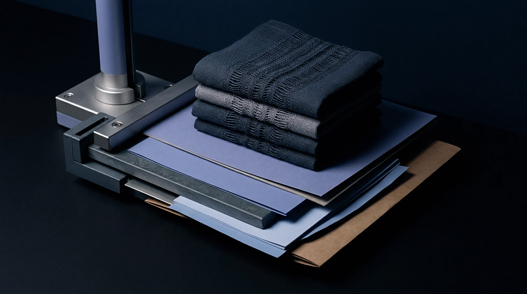 A stack of four folded textiles in dark and mid grey tones rests on coloured paper samples atop a mechanical platform.