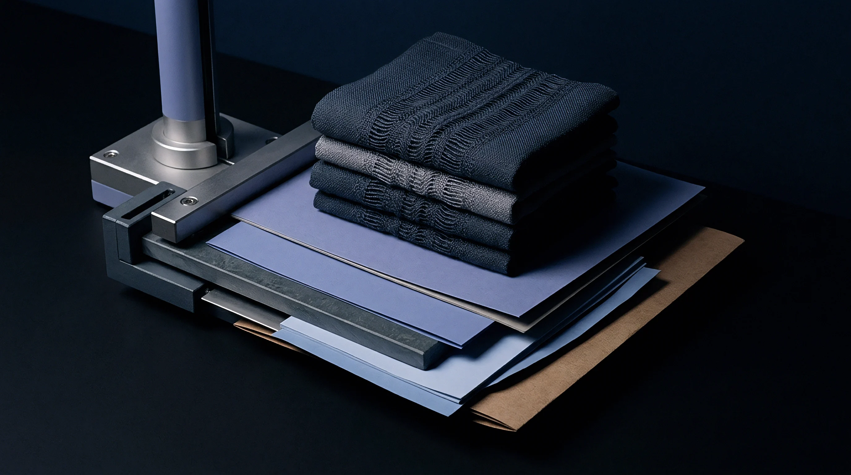 A stack of four folded textiles in dark and mid grey tones rests on coloured paper samples atop a mechanical platform.