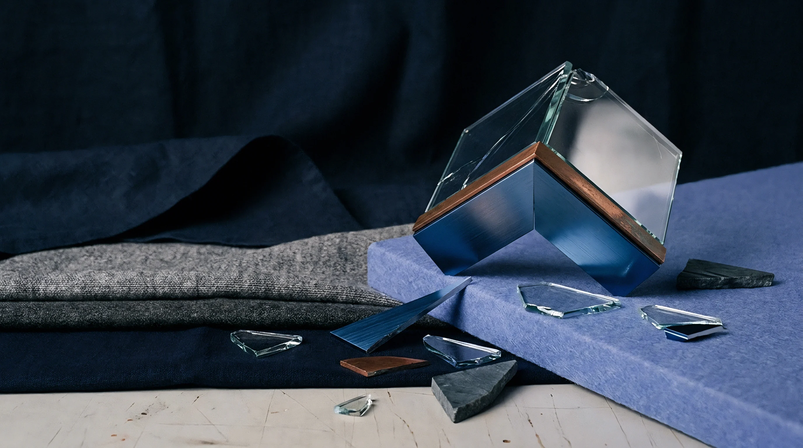 Stacked woven flax fabrics rest beside a shattered geometric glass vessel and scattered shards on a blue surface.