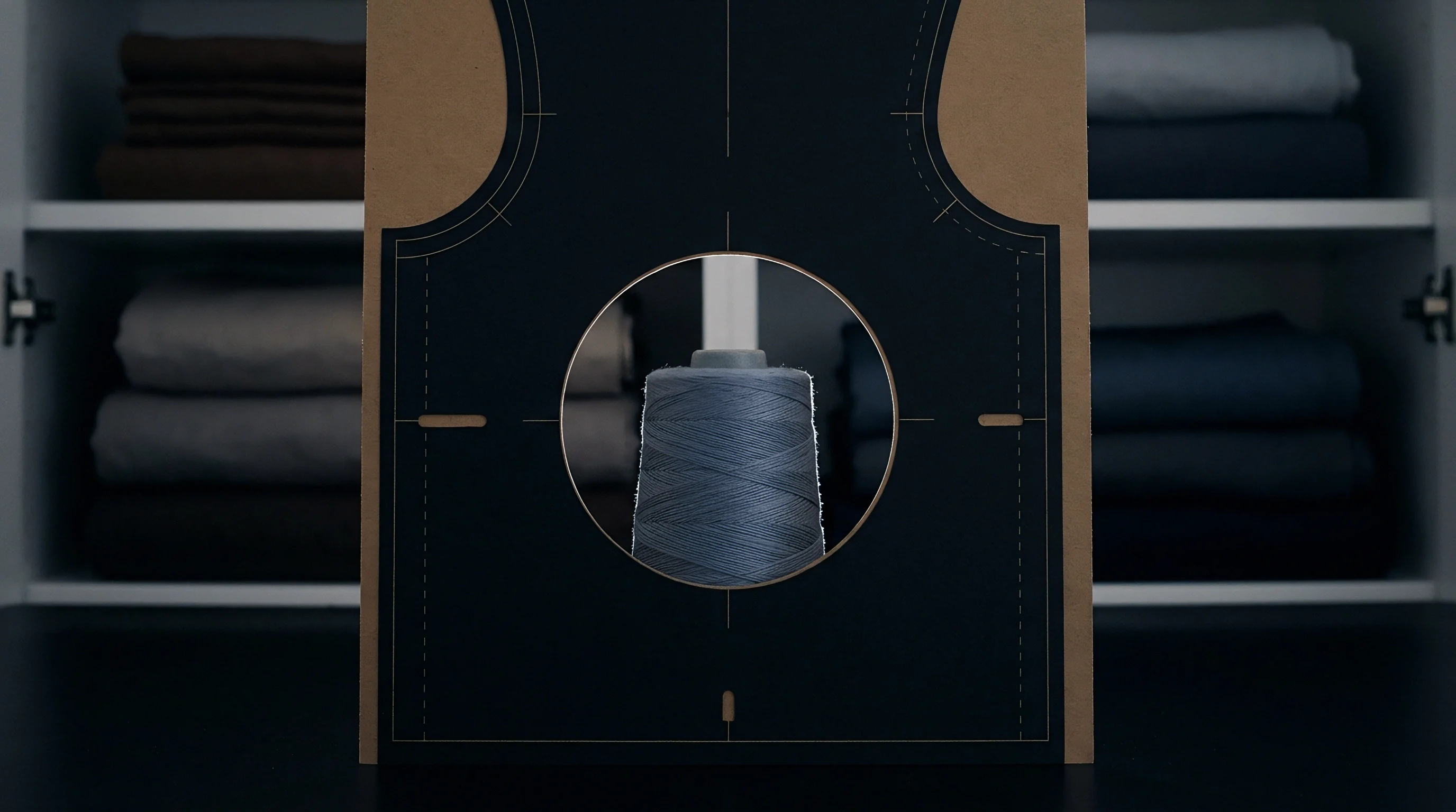 A dark garment pattern template with a circular aperture encloses a grey spun yarn spool positioned before stacked woven textiles on wooden shelving.