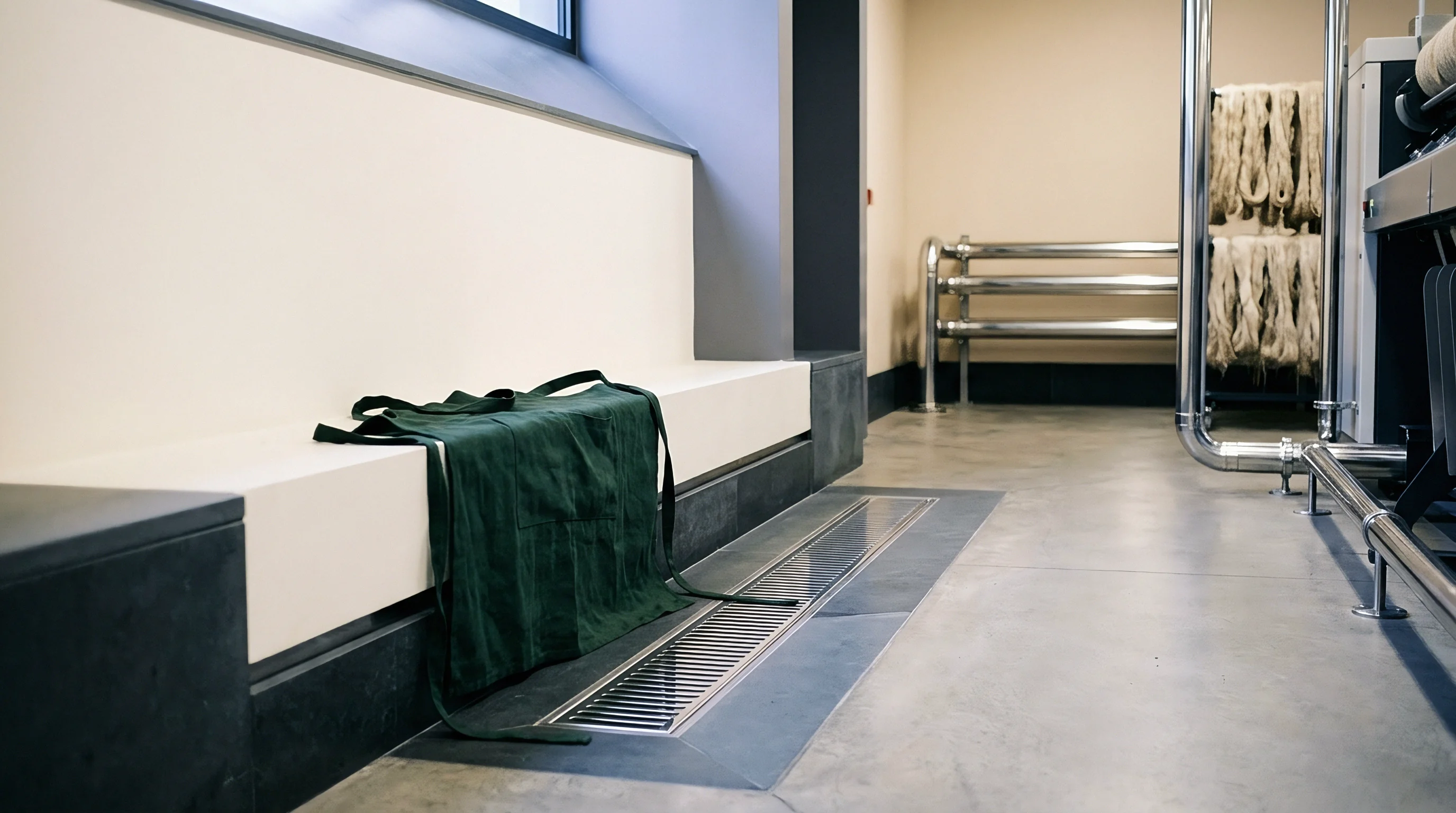 A dark green linen work apron rests on a white structural bench inside a modern flax fibre spinning facility.