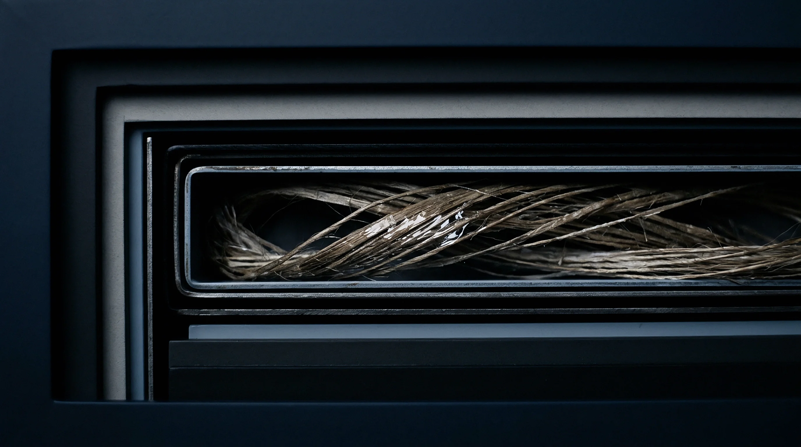 Hackled flax fibers twisted into a continuous roving rest horizontally inside a brushed metal channel framed by dark structural layers.