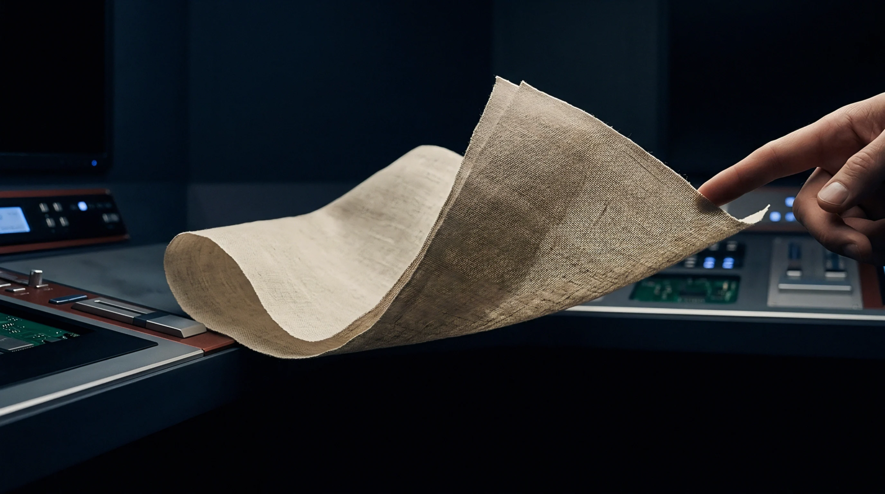 Human fingers touch a draped sample of raw woven linen fabric positioned above an illuminated digital monitoring console in a laboratory.