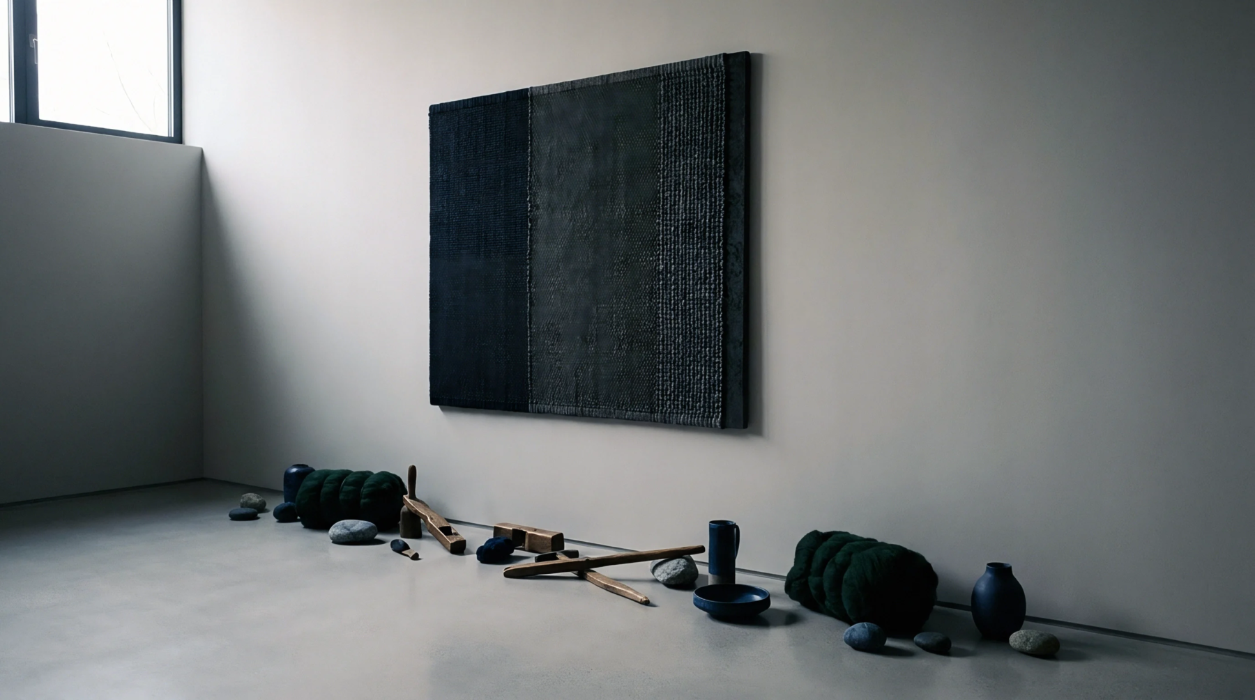 Raw dark green fiber bundles and wooden carpentry tools rest on a concrete floor beneath a large woven textile wall hanging.