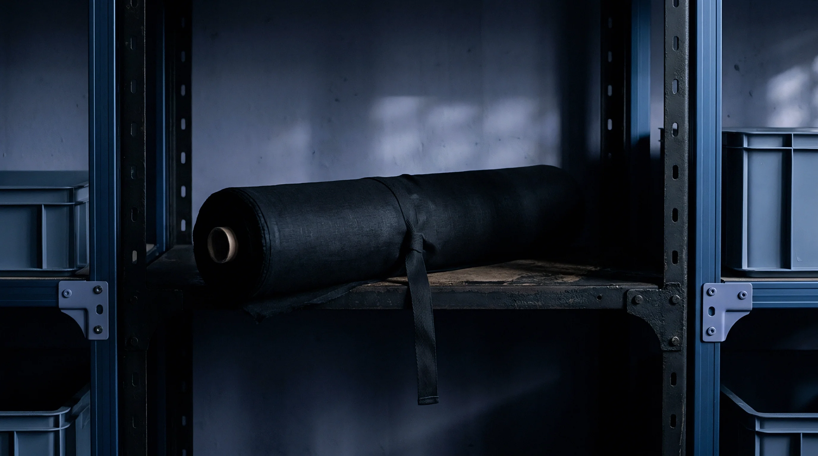A rolled bolt of dark woven textile rests on a metal industrial shelf flanked by storage bins inside a dim warehouse.