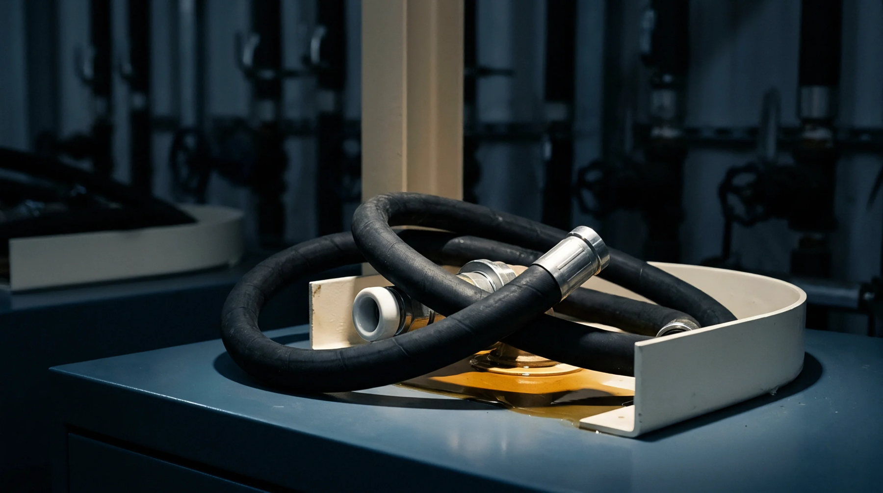Heavy rubber hydraulic hoses rest on a blue steel housing alongside an amber fluid pool inside the factory floor.