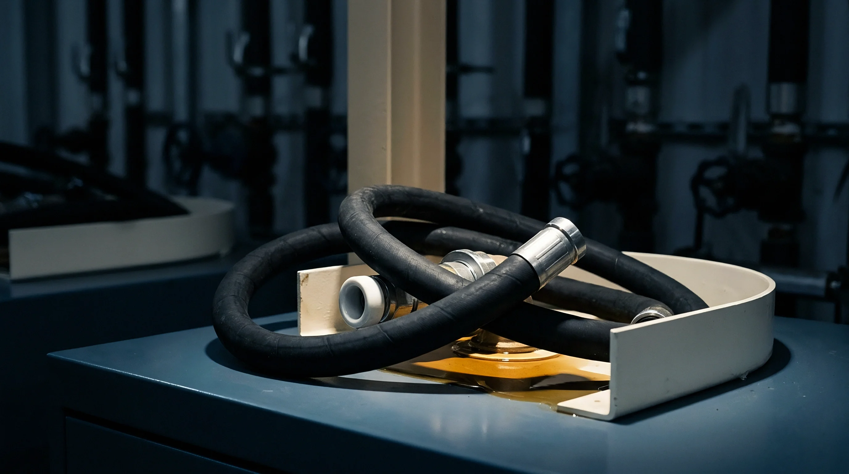 Heavy rubber hydraulic hoses rest on a blue steel housing alongside an amber fluid pool inside the factory floor.