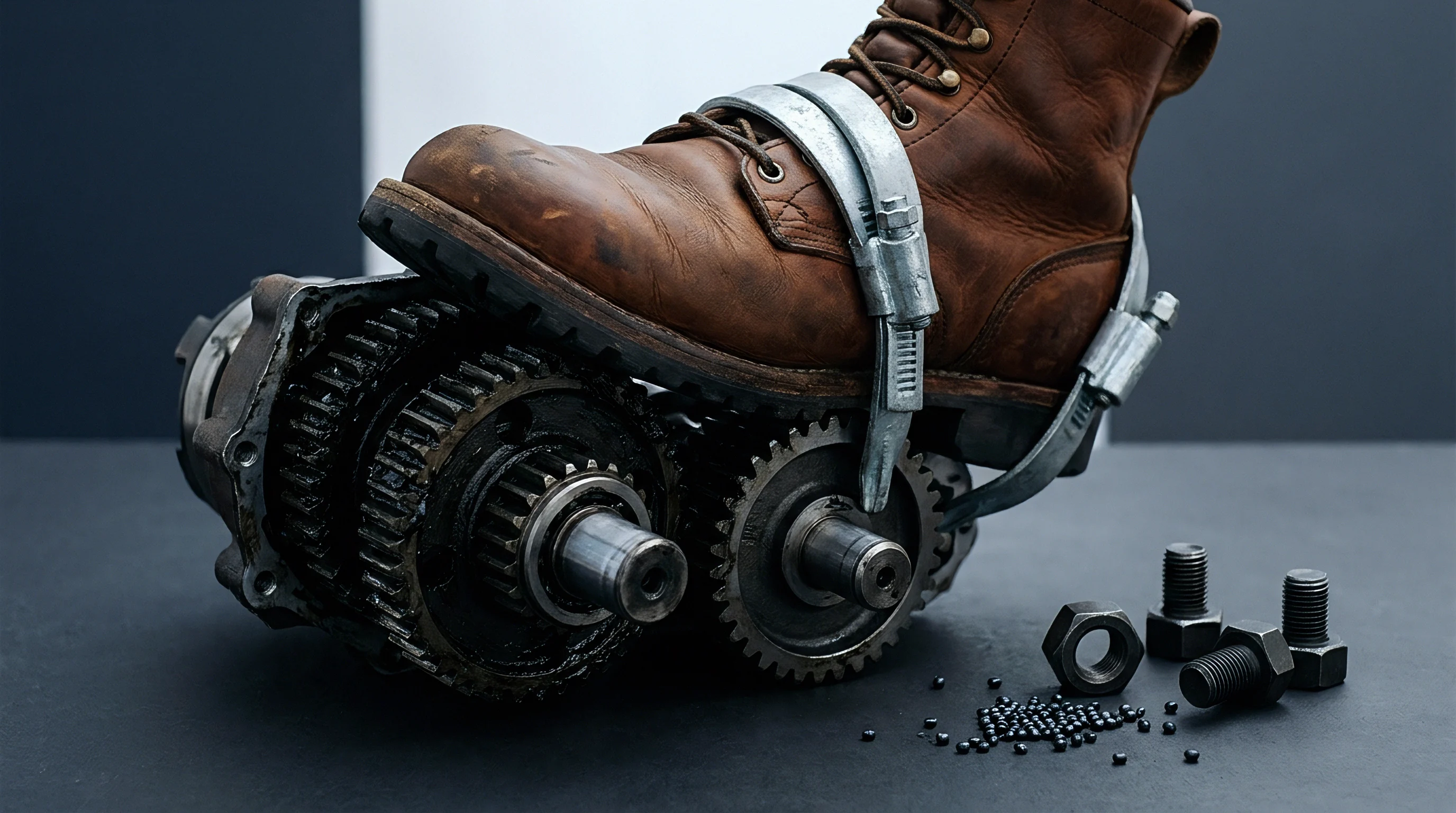 A leather work boot clamped onto an exposed metal gearbox alongside scattered fasteners and ball bearings on a dark surface.