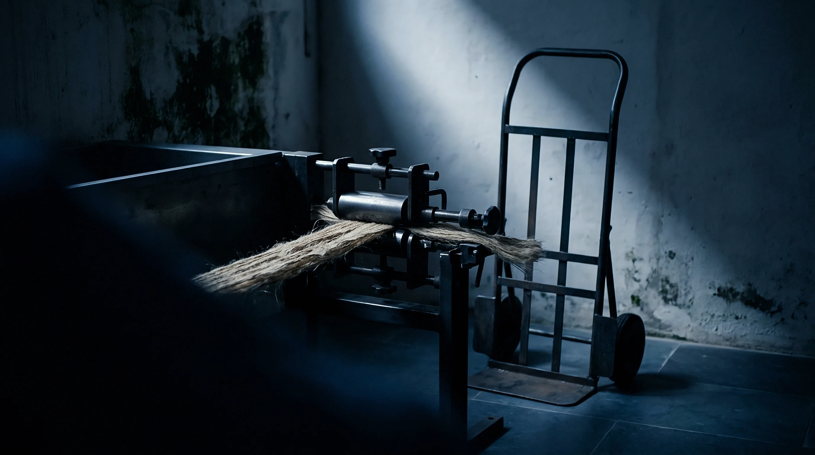 Bast fibre raw material passes through metal rollers of a mechanical processing machine positioned inside a dark stone workshop.
