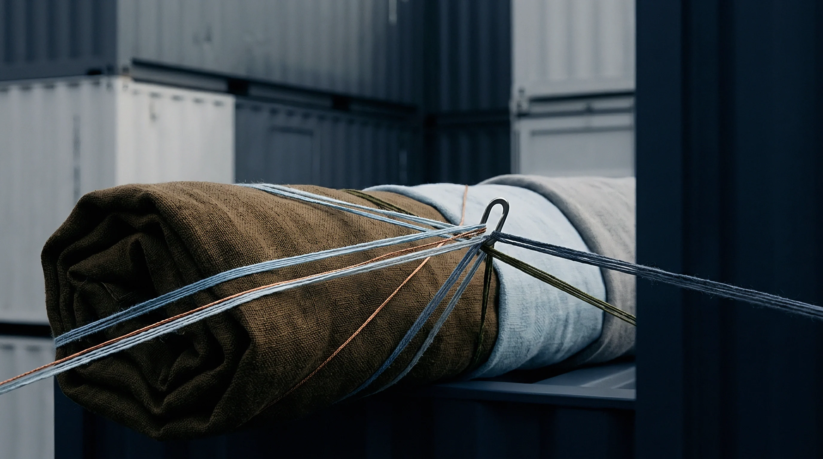 Heavy brown woven flax textile rolls bound by multiple thin cords rest upon industrial containers inside a freight yard.