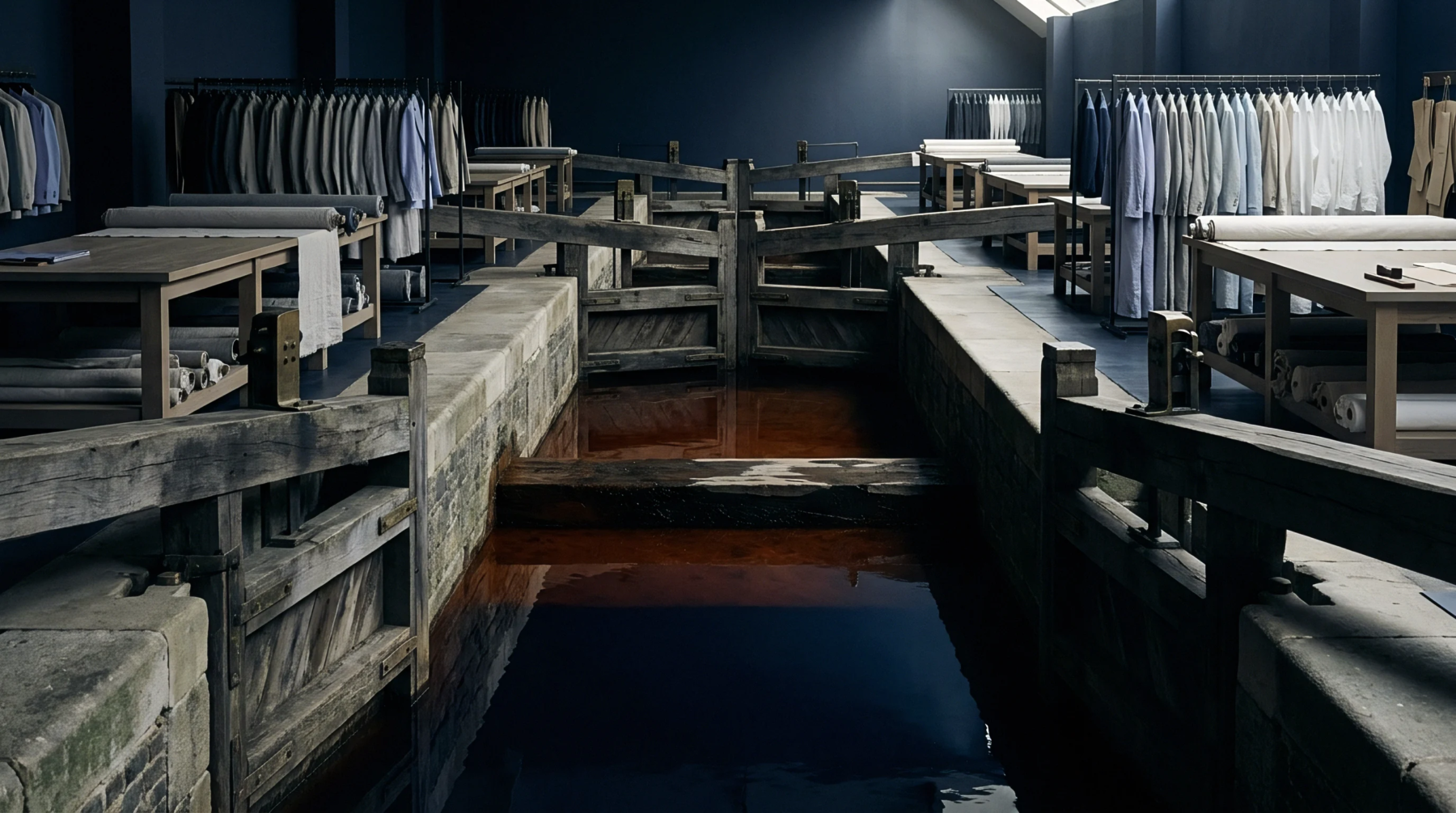 Historic canal lock filled with dark water sits between wooden work tables displaying rolled fabrics inside a garment production archive.