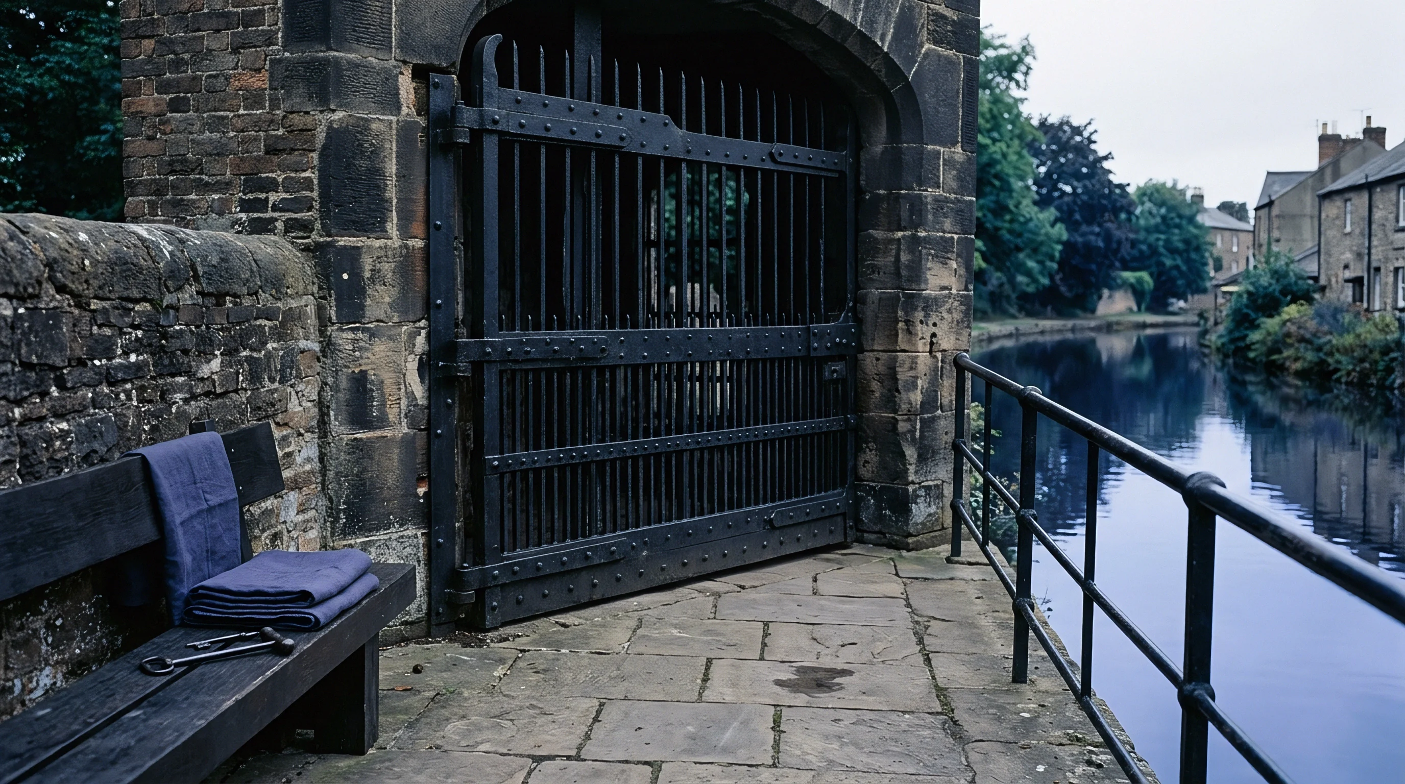 A folded blue linen textile rests upon a weathered timber bench beside a heavy iron sluice gate and stone canal wall.