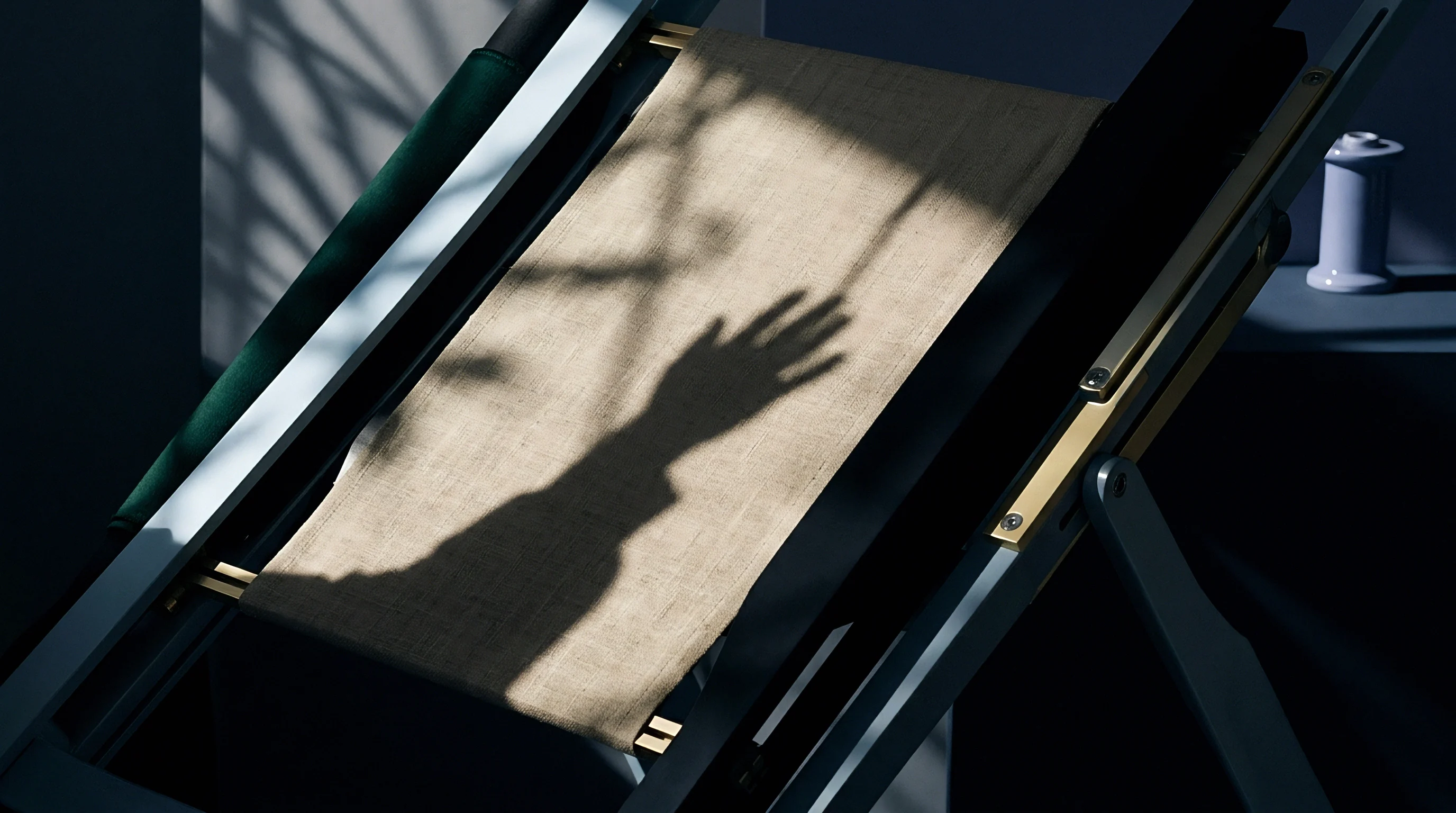 A human hand shadow rests upon a taut section of raw woven linen held within an adjustable wooden artist easel frame.