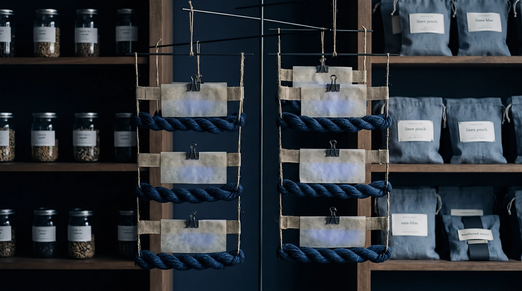 Indigo dyed yarn hanks hang from suspended linen strips beside apothecary jars and fabric pouches on dark wooden shelving units.