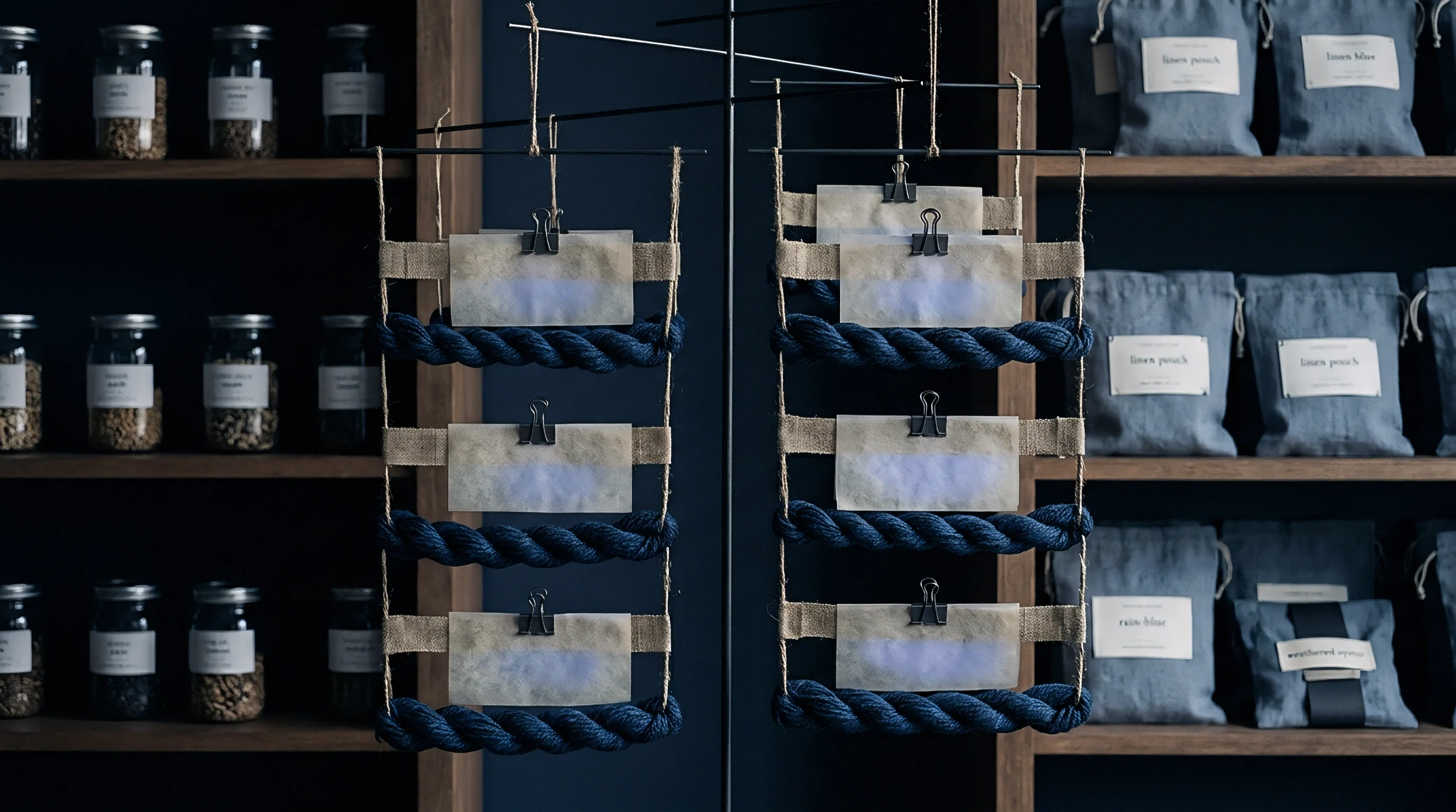 Indigo dyed yarn hanks hang from suspended linen strips beside apothecary jars and fabric pouches on dark wooden shelving units.