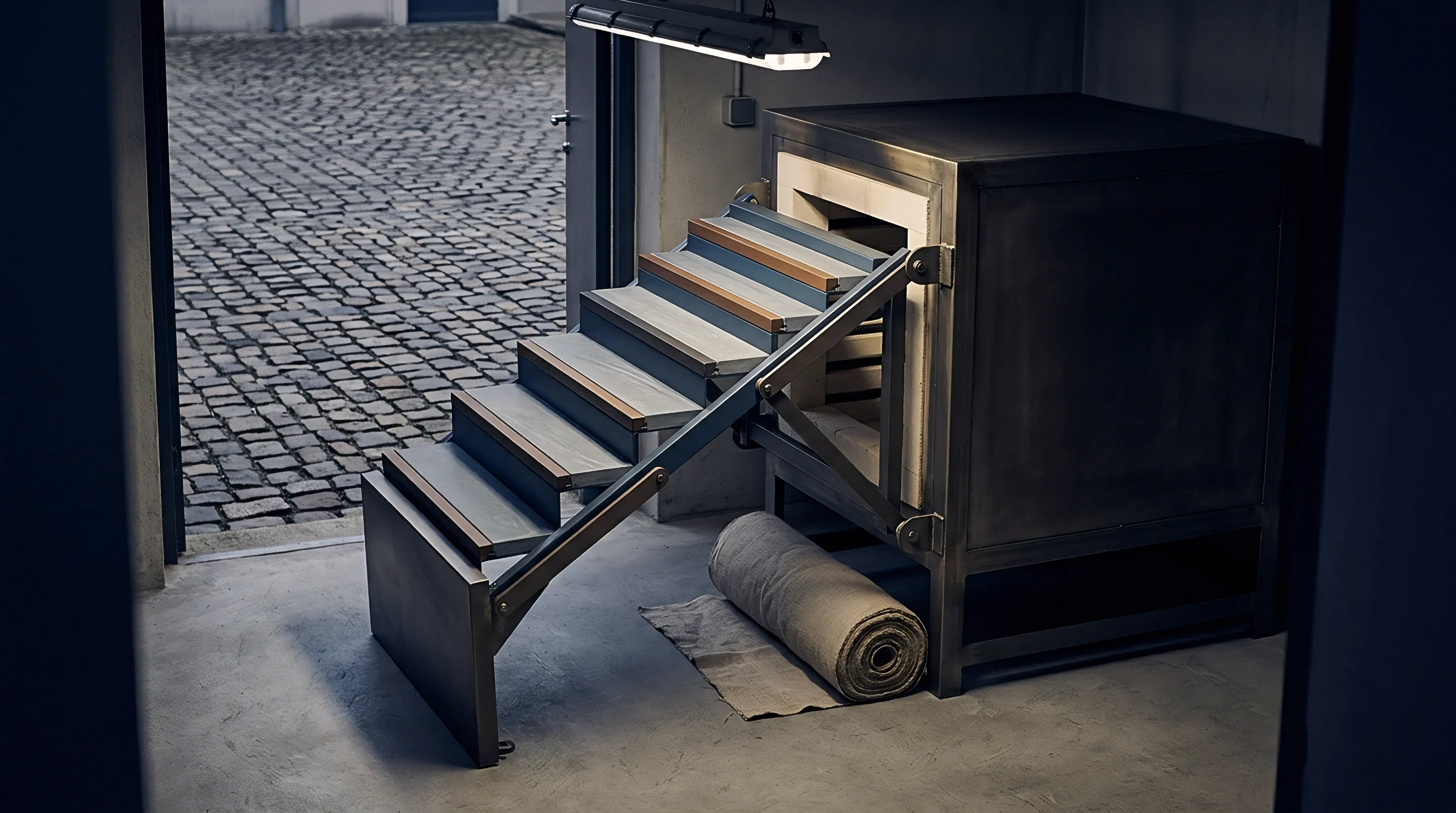 Heavy flax fabric sits on a concrete floor before an open industrial oven equipped with a steel step access structure.