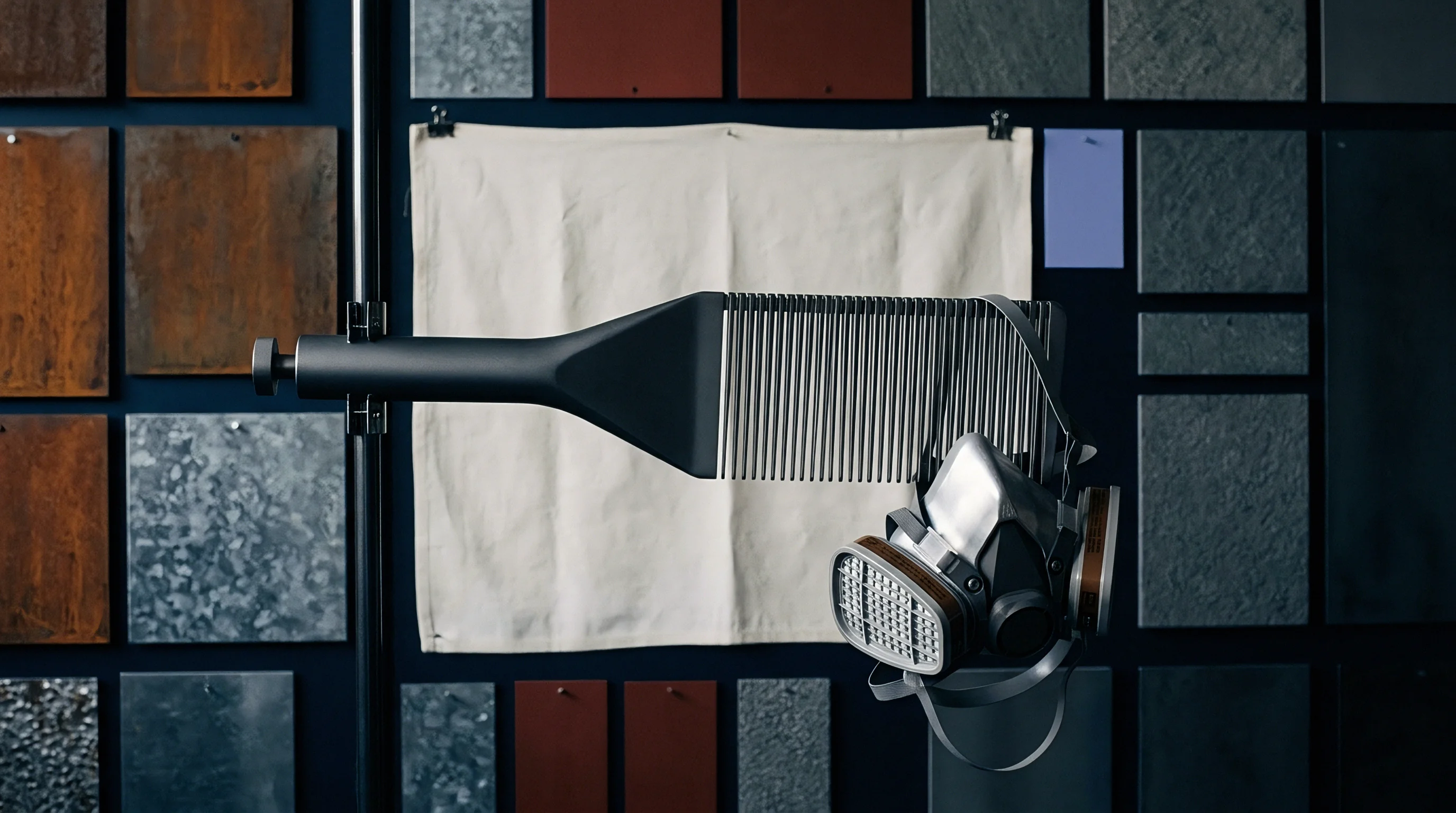 A black flax hackling comb with fine metal teeth holds a grey industrial respirator mask before a backdrop of material swatches.