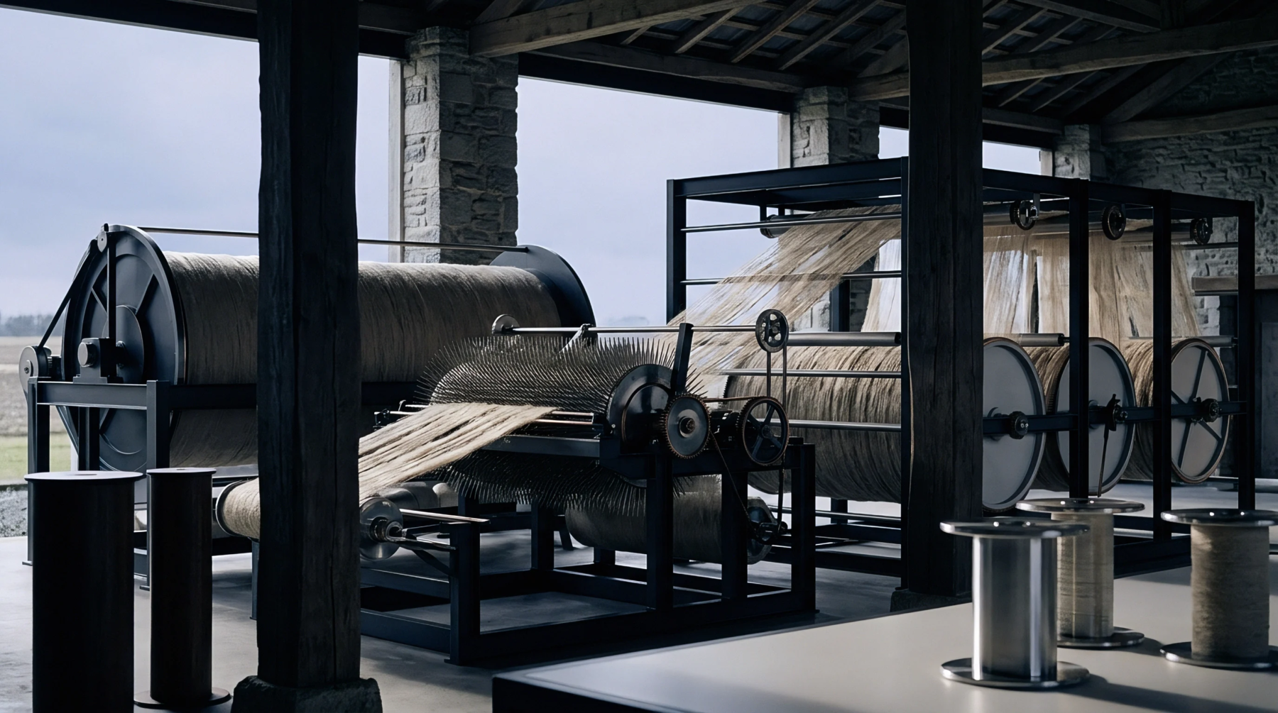 Digital render showing heavy machinery processing raw flax fibers across large metal cylinders inside a rustic stone milling workshop.