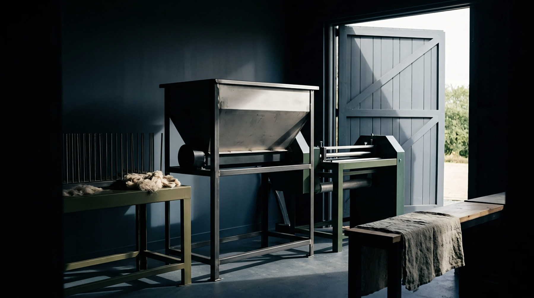 In a dark workshop, industrial metal machinery stands ready next to unprocessed flax fibre, with a large open barn door leading outside.