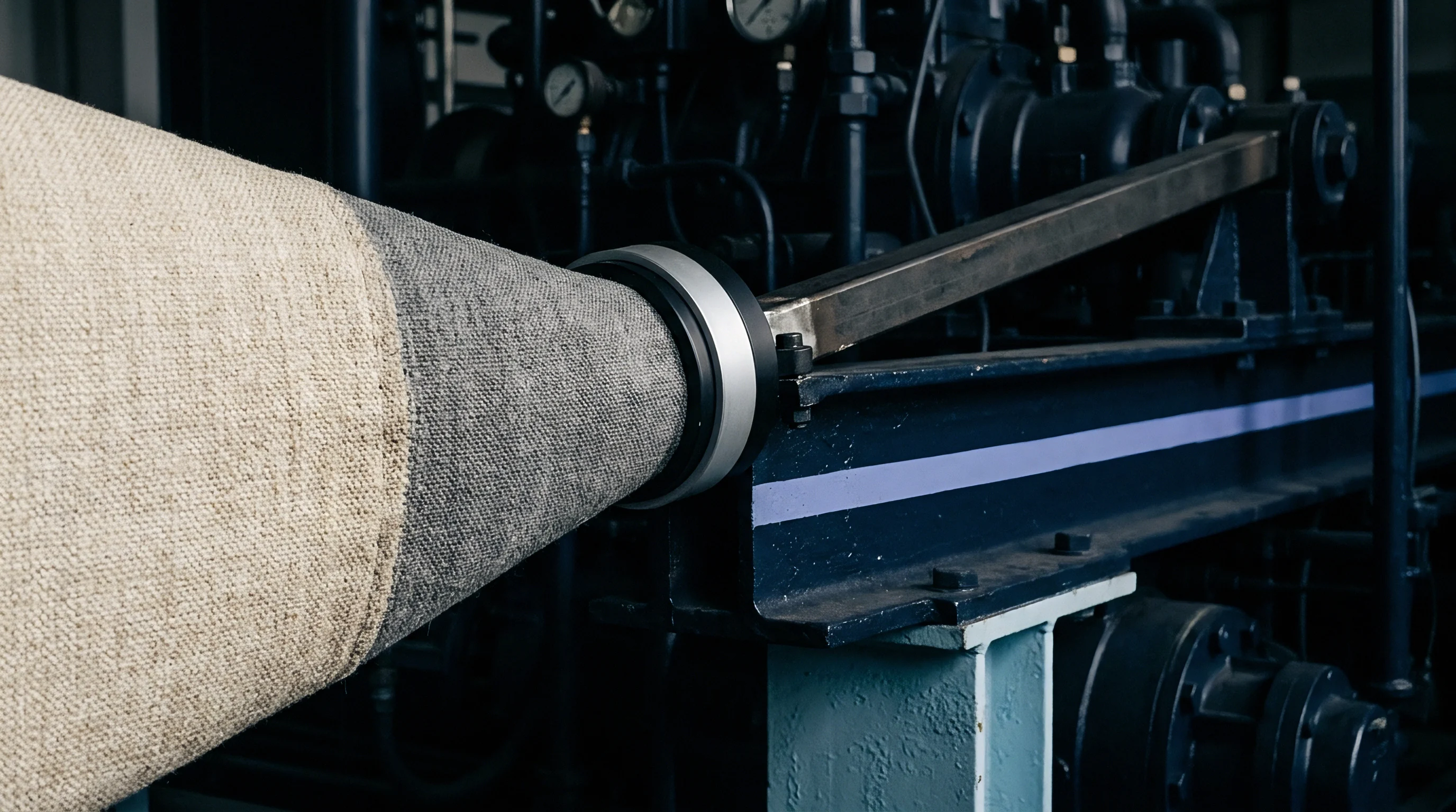 Textured woven flax linen fabric winds onto a large tapered spool positioned within an industrial processing unit in a mill.