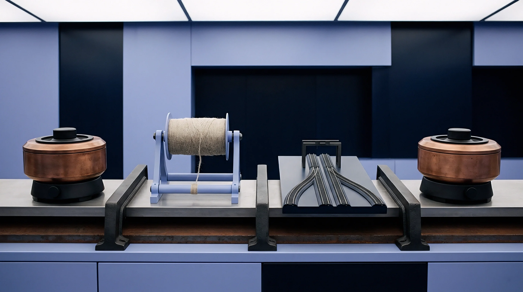 Natural linen yarn sits on a spool between copper vessels and a track junction rail on a steel industrial platform.