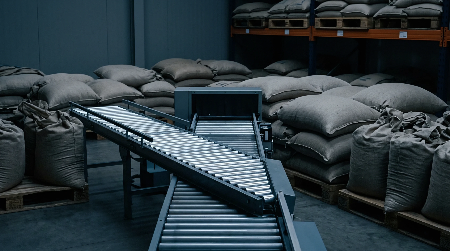 Industrial conveyor systems move heavy sacks of raw textile fibre through a warehouse stacked with palletized loads of prepared material for manufacturing.
