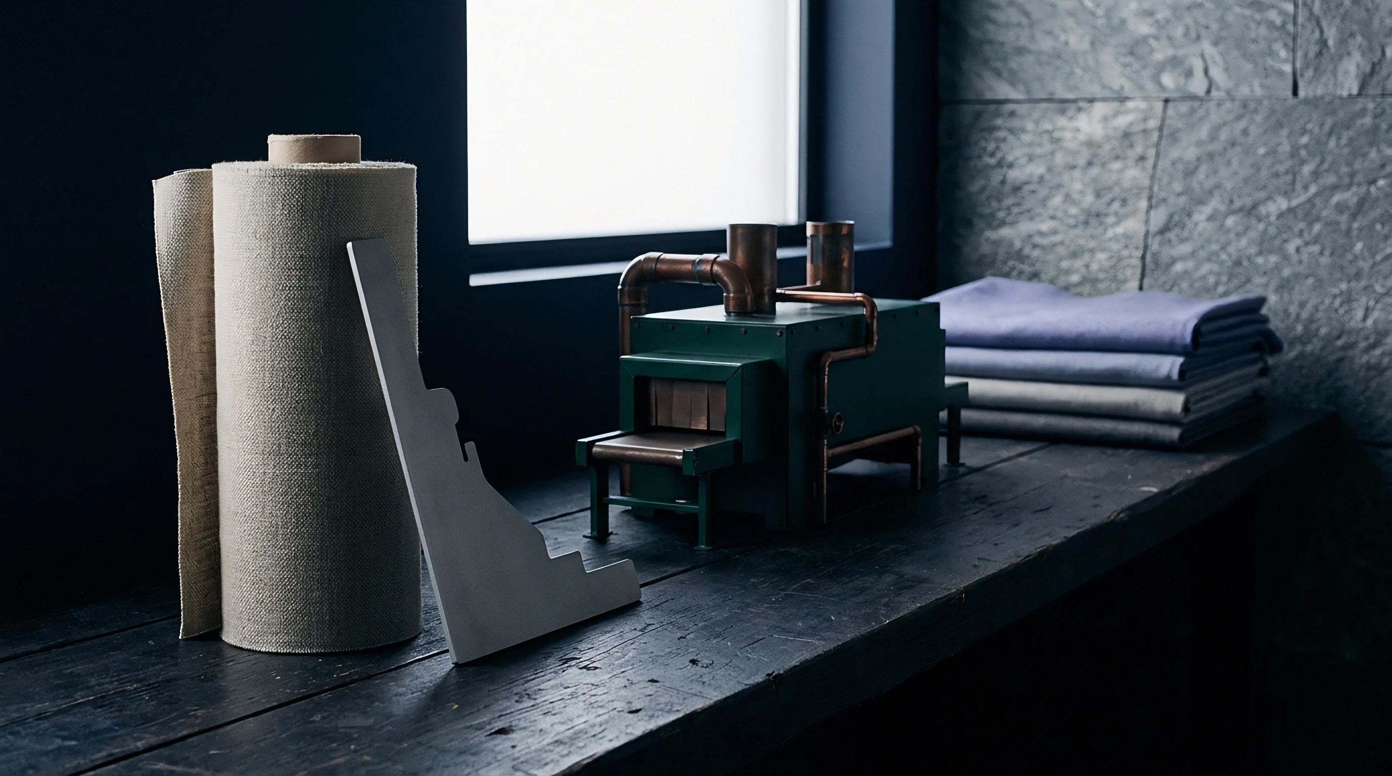 A green industrial processing model sits on a dark wooden workbench next to a heavy woven flax roll and folded fabrics.