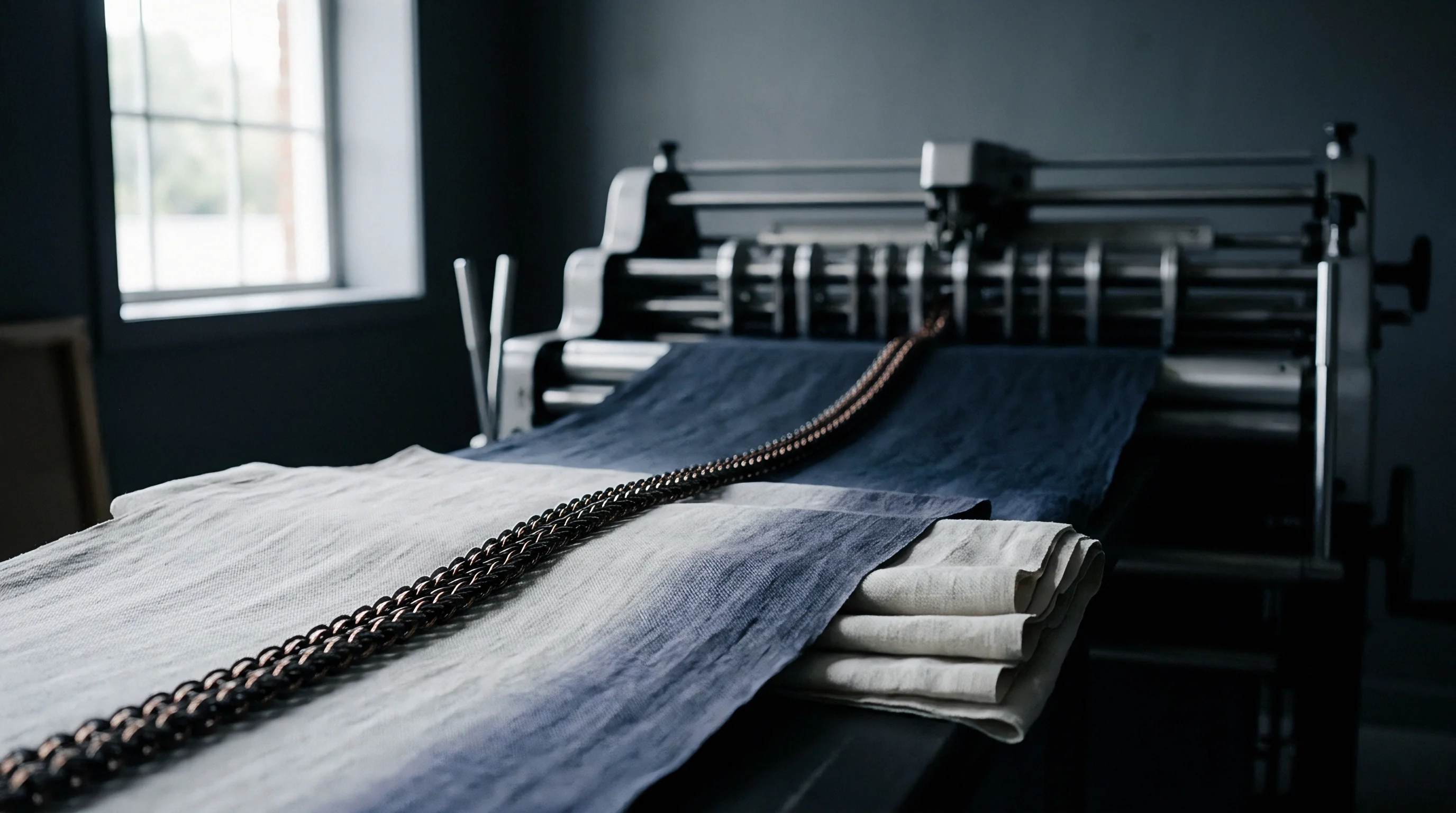 Heavy woven linen fabric passes through industrial finishing machinery inside a dark industrial workspace next to a large window.