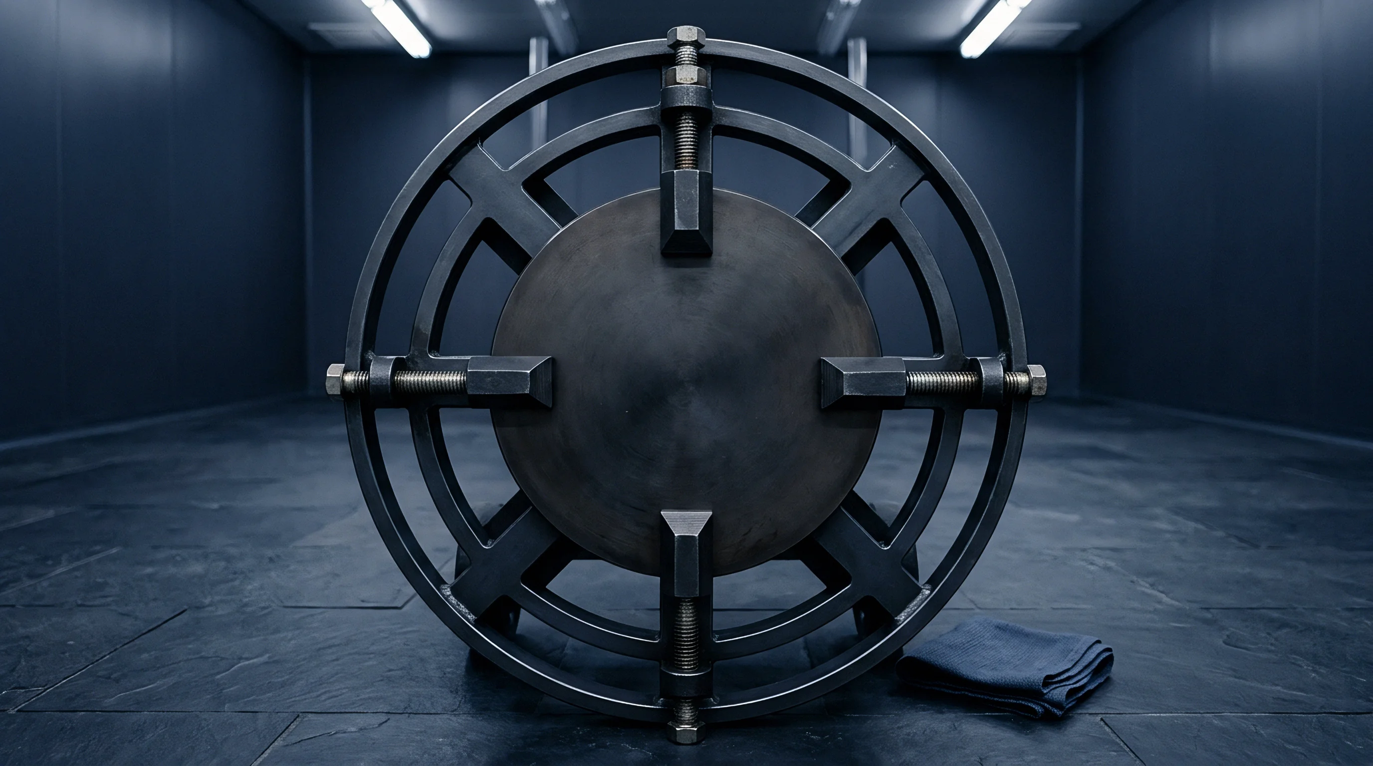 Heavy iron mechanical press sits on dark stone flooring alongside a folded textile cloth within an enclosed industrial production hall.