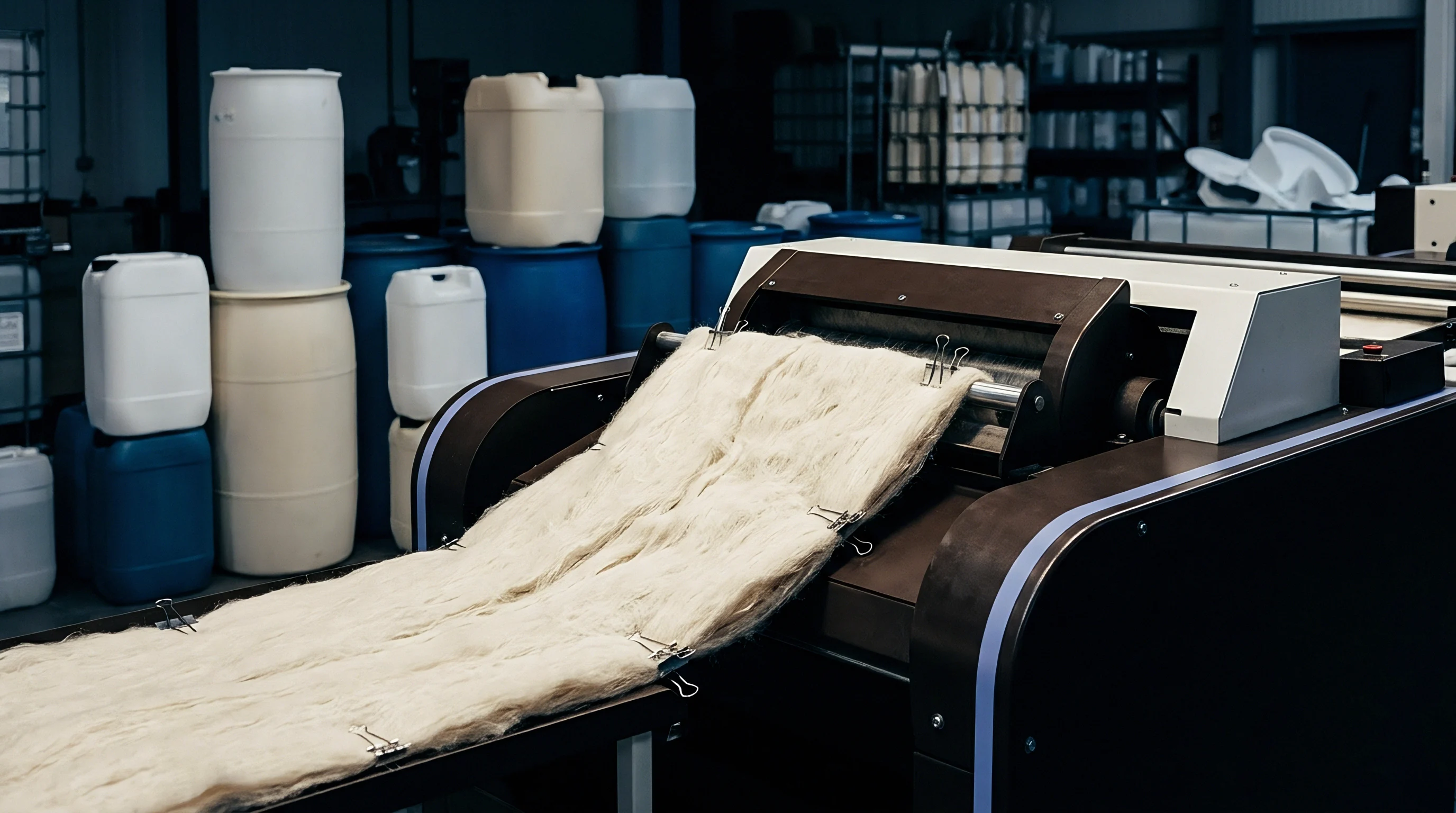 Pale flax fiber sheets feed into a heavy industrial textile machine surrounded by large storage drums inside a manufacturing warehouse.