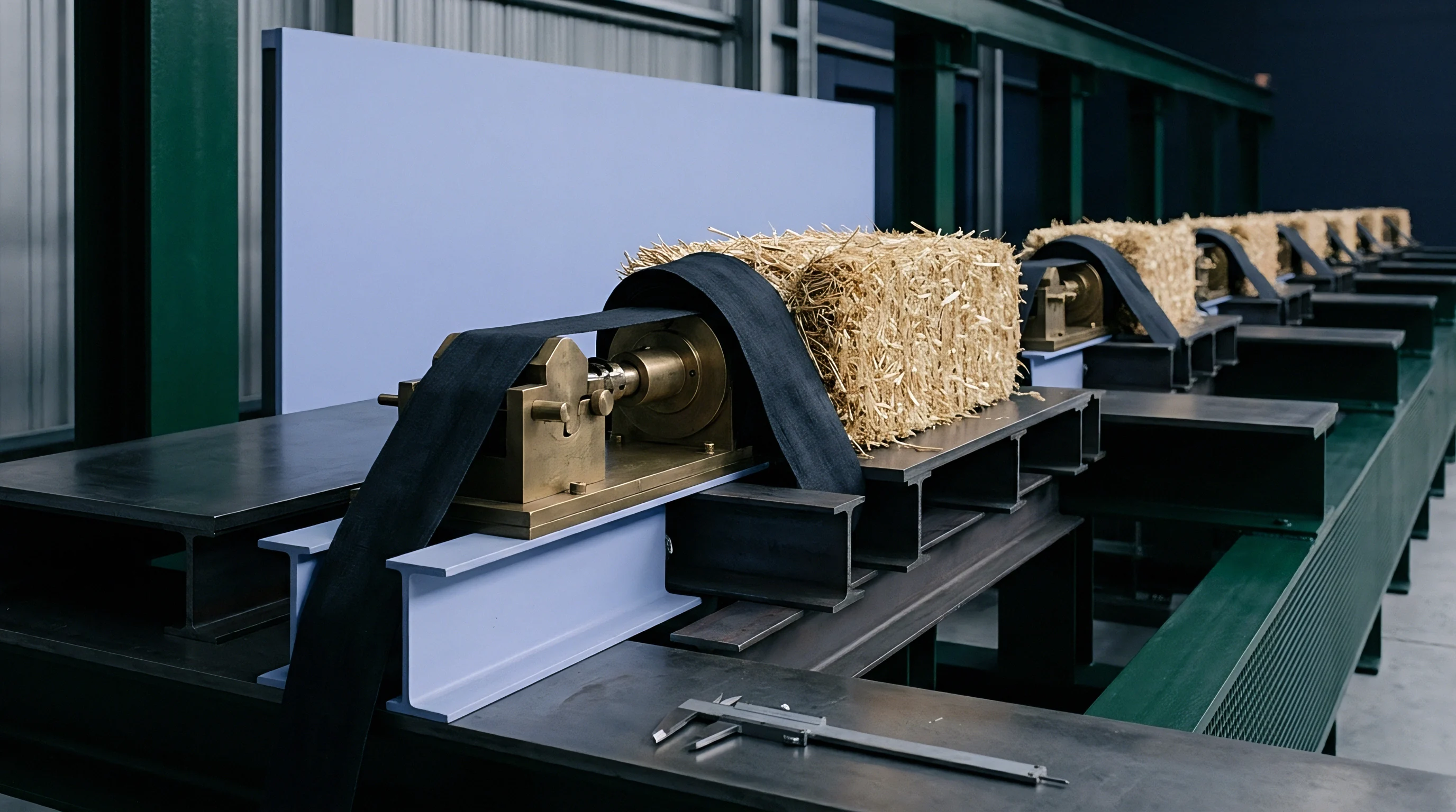 Rectangular flax fibre bales rest on a modular steel testing bench equipped with tension bands and precision measurement equipment.