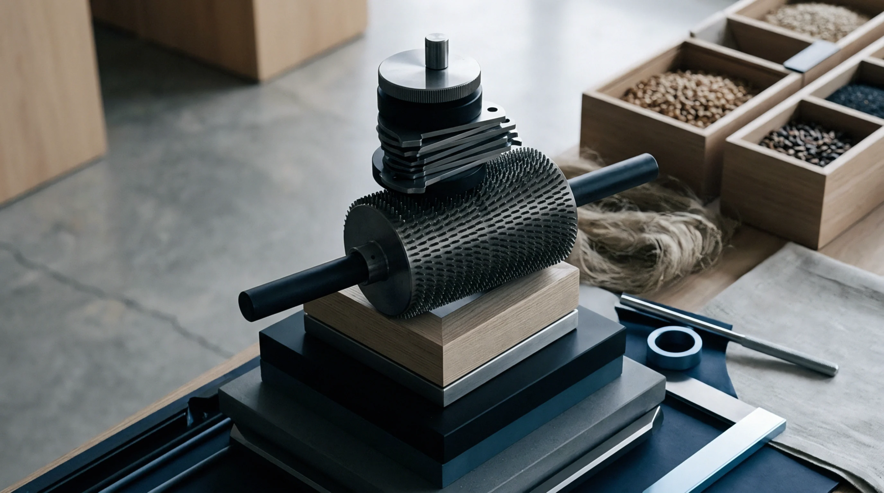 A serrated steel cylinder rests on stacked timber and composite bases alongside sorted seeds and raw bast fibers in a workshop.