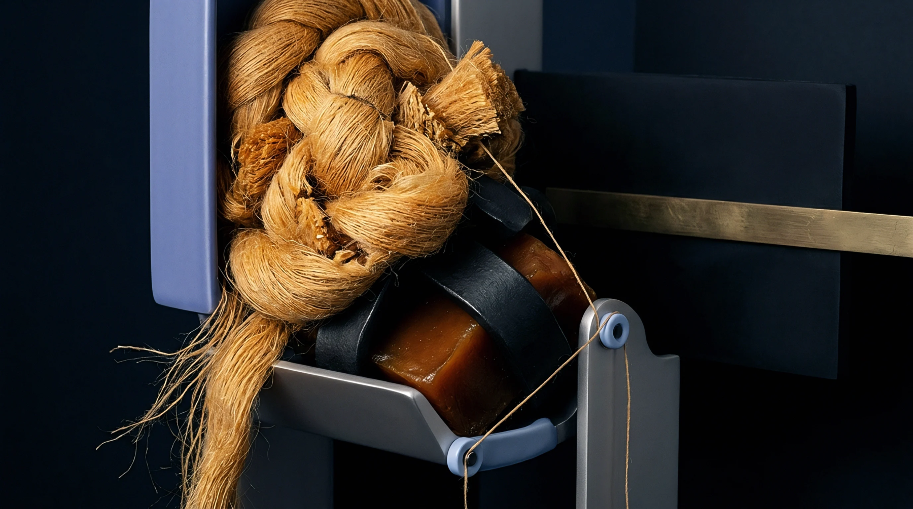A braided bundle of raw flax fibre is contained within a mechanical apparatus that also holds dense, dark fibre segments and a guiding thread.