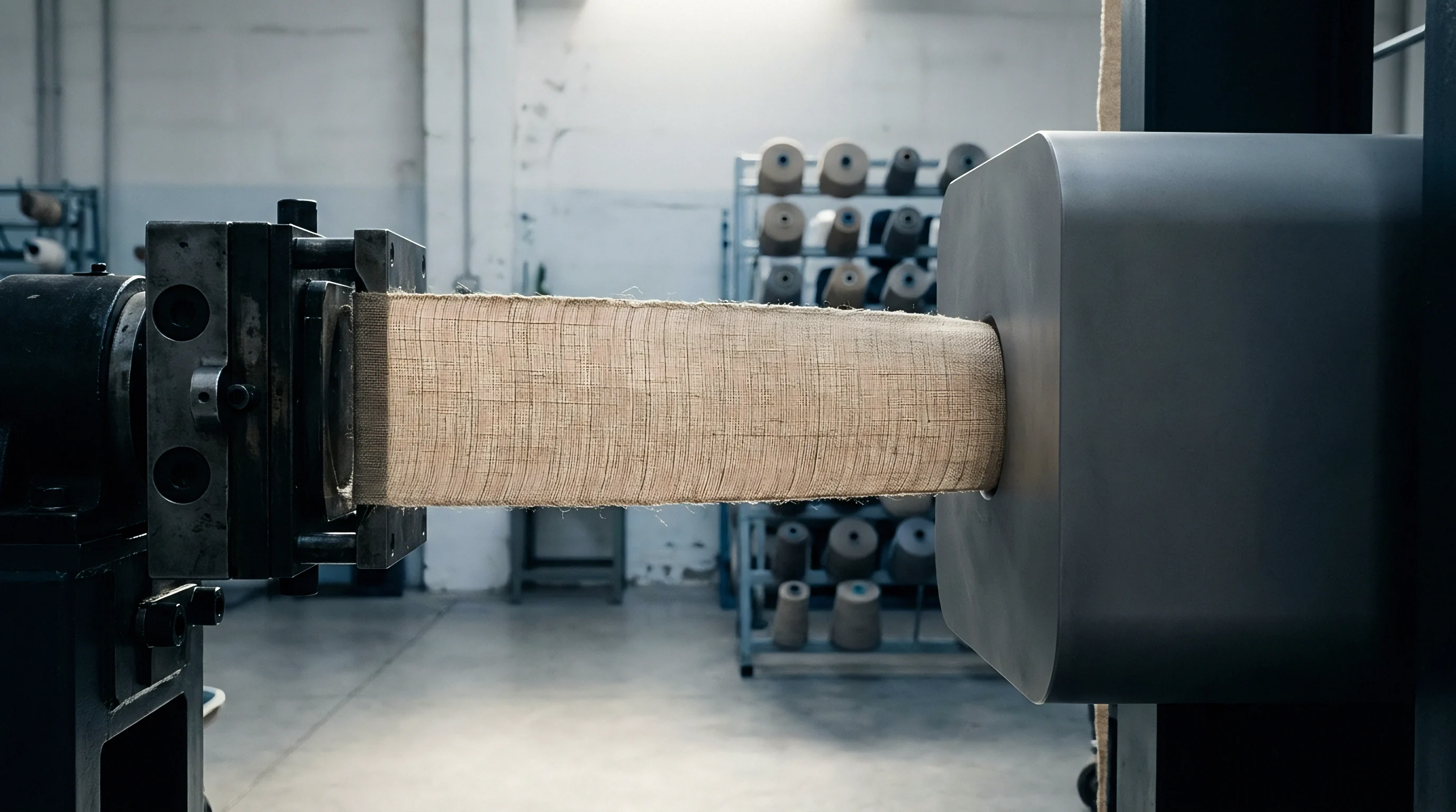 Heavy woven fabric moves through mechanical clamps within a factory specialized in textile production and fibre processing.