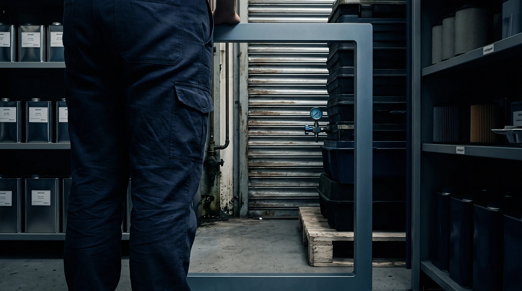 A technician inspects industrial processing equipment inside a manufacturing facility featuring chemical storage vats and filtration supplies.