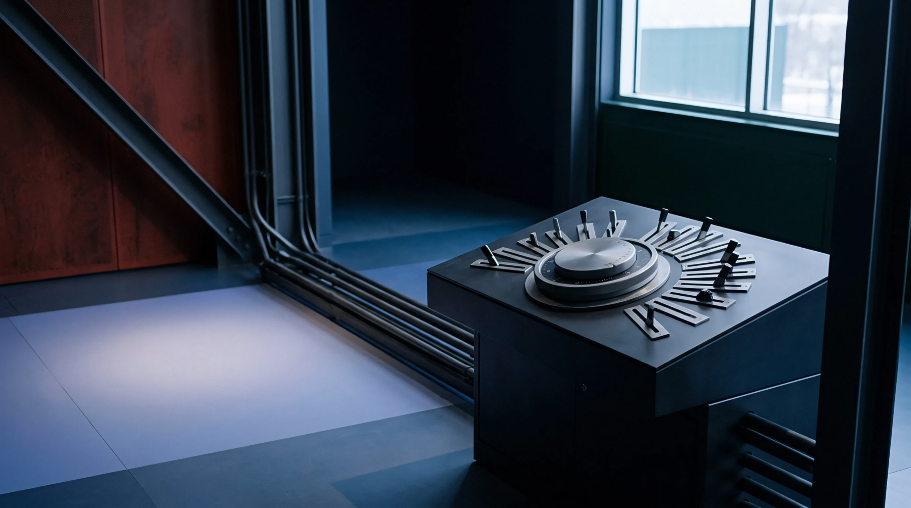 Dark metal industrial control console with circular dials and toggle switches rests on a reinforced floor within a heavy manufacturing facility.
