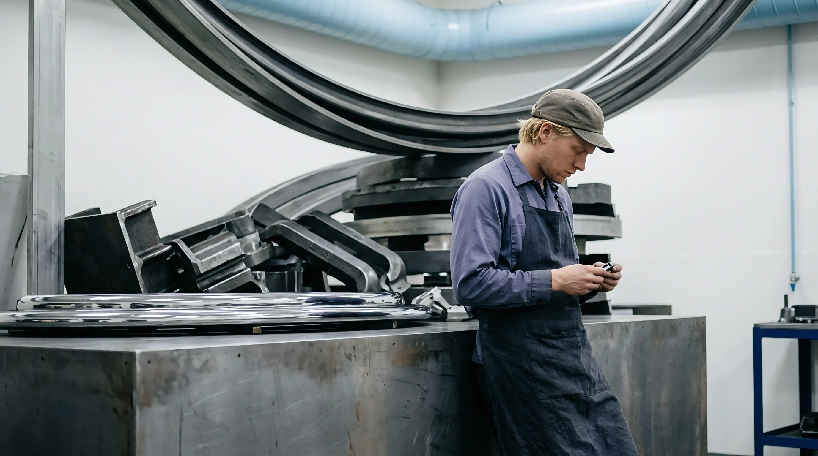 A technician inspects a machined metal part inside a heavy industrial manufacturing facility housing large curved production components.