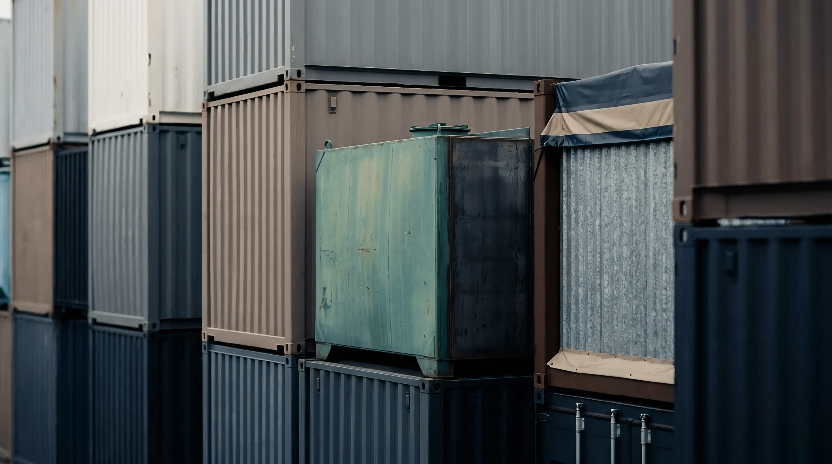 Intermodal shipping containers and a weathered industrial tank stack tightly within a packed cargo terminal managing textile material transit.