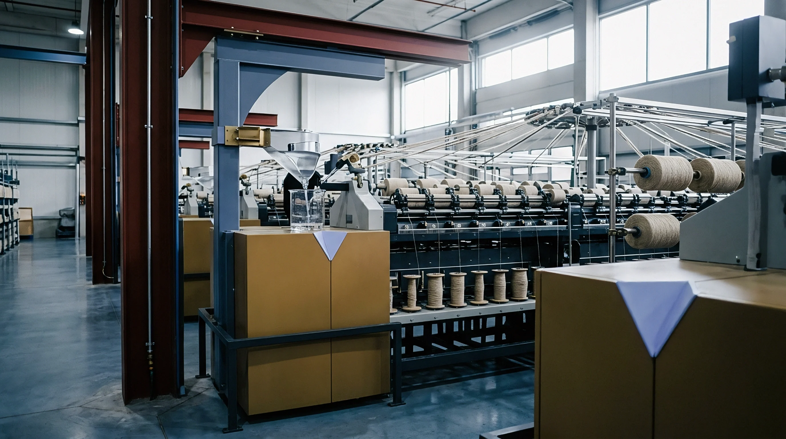 Rows of beige yarn spools fill the heavy industrial spinning machinery inside a bright textile manufacturing facility.