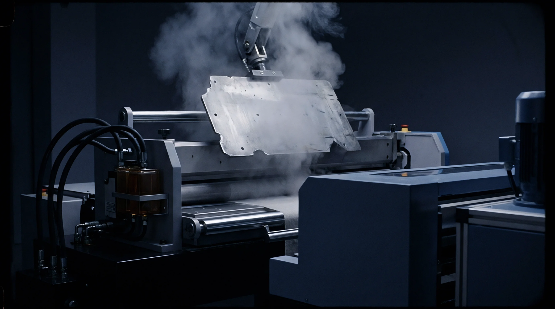 Heavy industrial machinery applies pressurized steam to a woven cloth web inside a textile manufacturing facility.