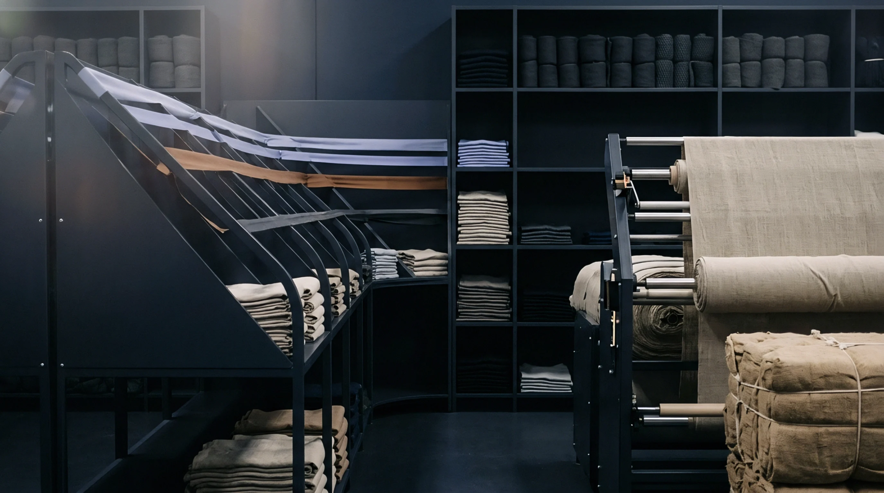 Neutral woven linen rolls and neatly folded textile batches fill industrial metal shelving units inside a specialized production warehouse.
