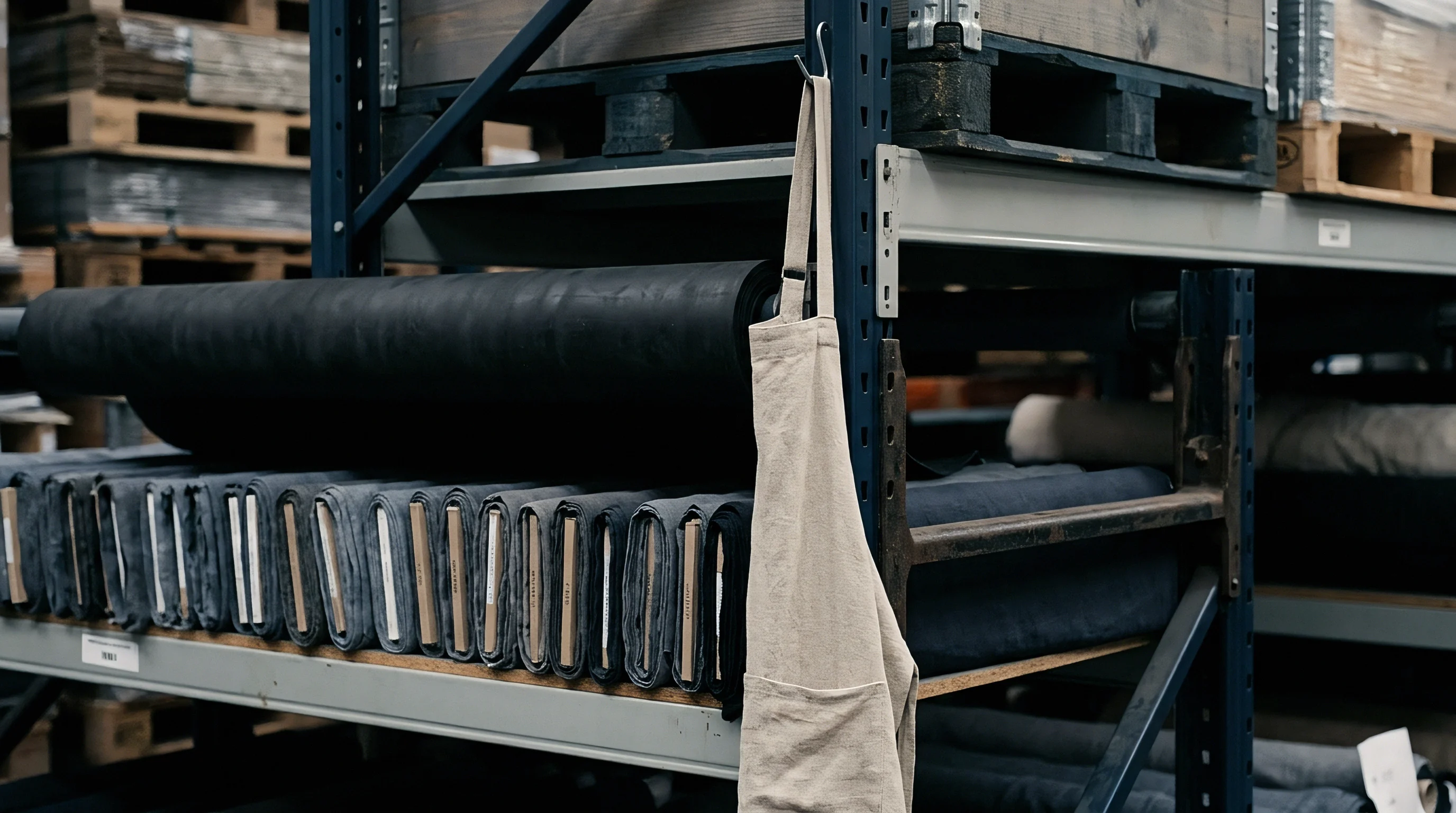 Heavy woven cloth bolts and rolls fill metal industrial storage shelves inside a textile manufacturing facility.