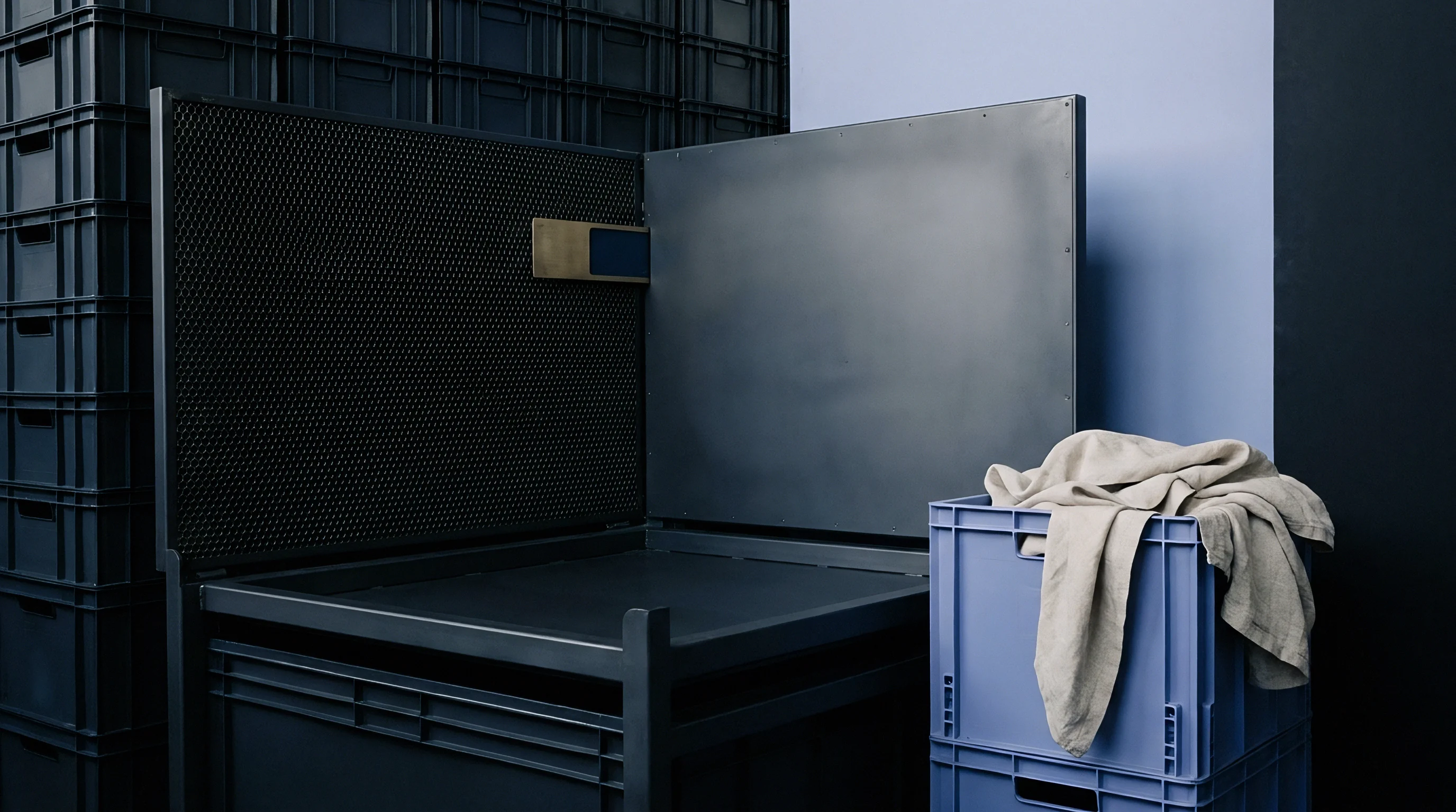 Folded woven linen fabric rests inside a blue plastic crate beside an industrial sorting rack within a textile production facility.