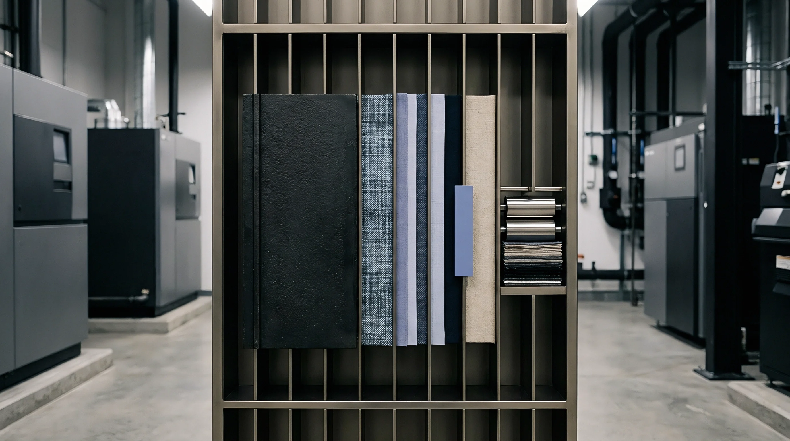 Metallic architectural shelving displays organized woven fabric sample books and textile swatches within a heavy industrial manufacturing facility housing machinery.