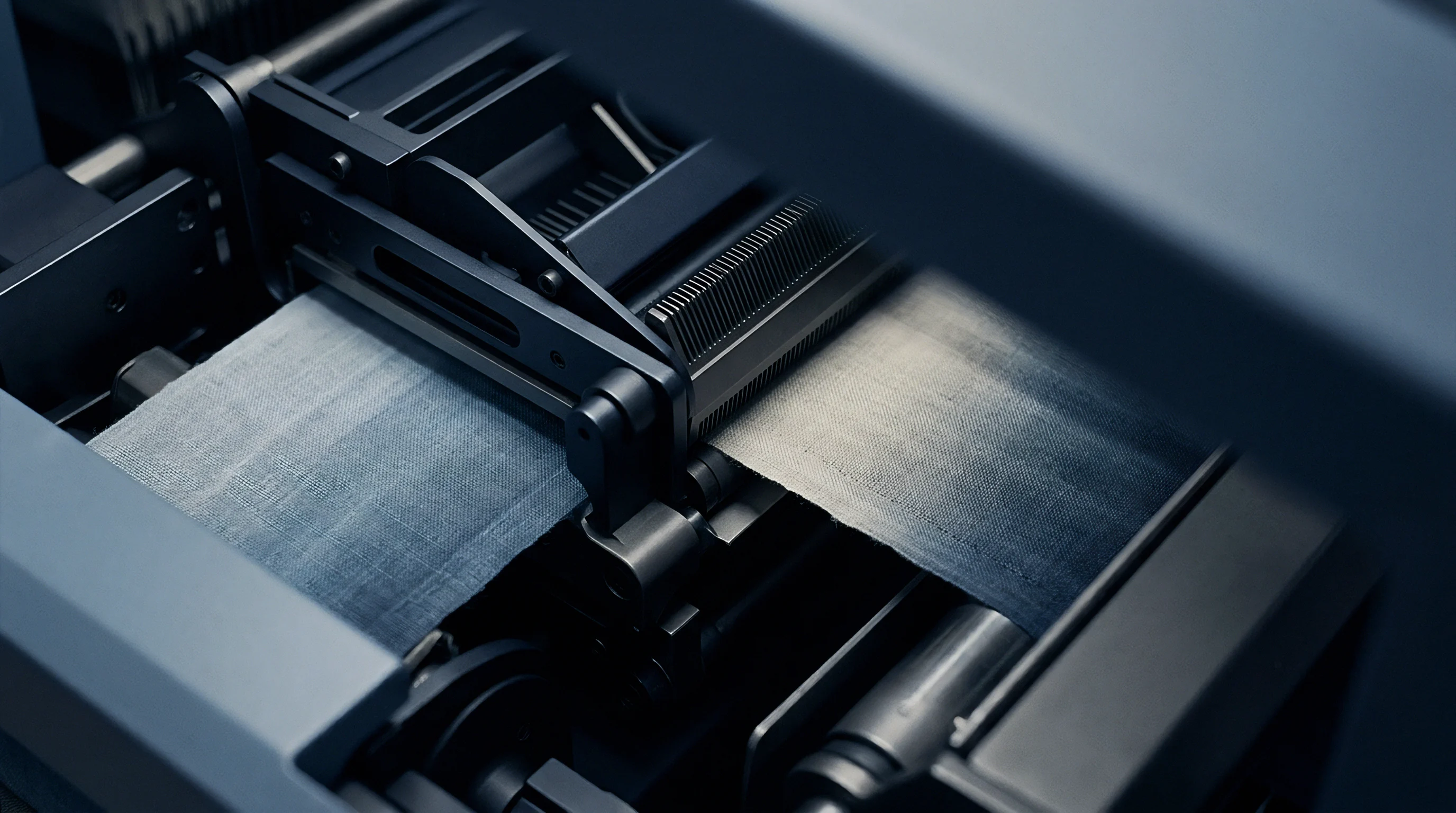 Mechanical metal rollers guide a continuous sheet of woven linen fabric through automated industrial machinery during textile manufacturing.