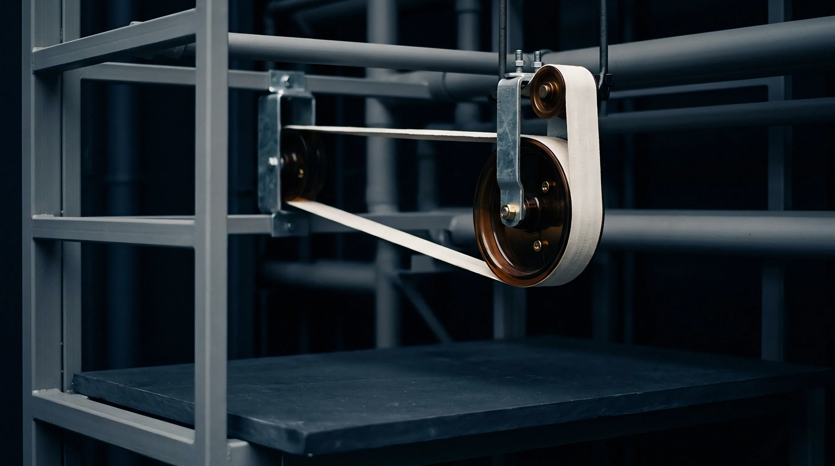 A flat leather drive belt connects two metal pulleys suspended within an industrial textile processing machinery framework.